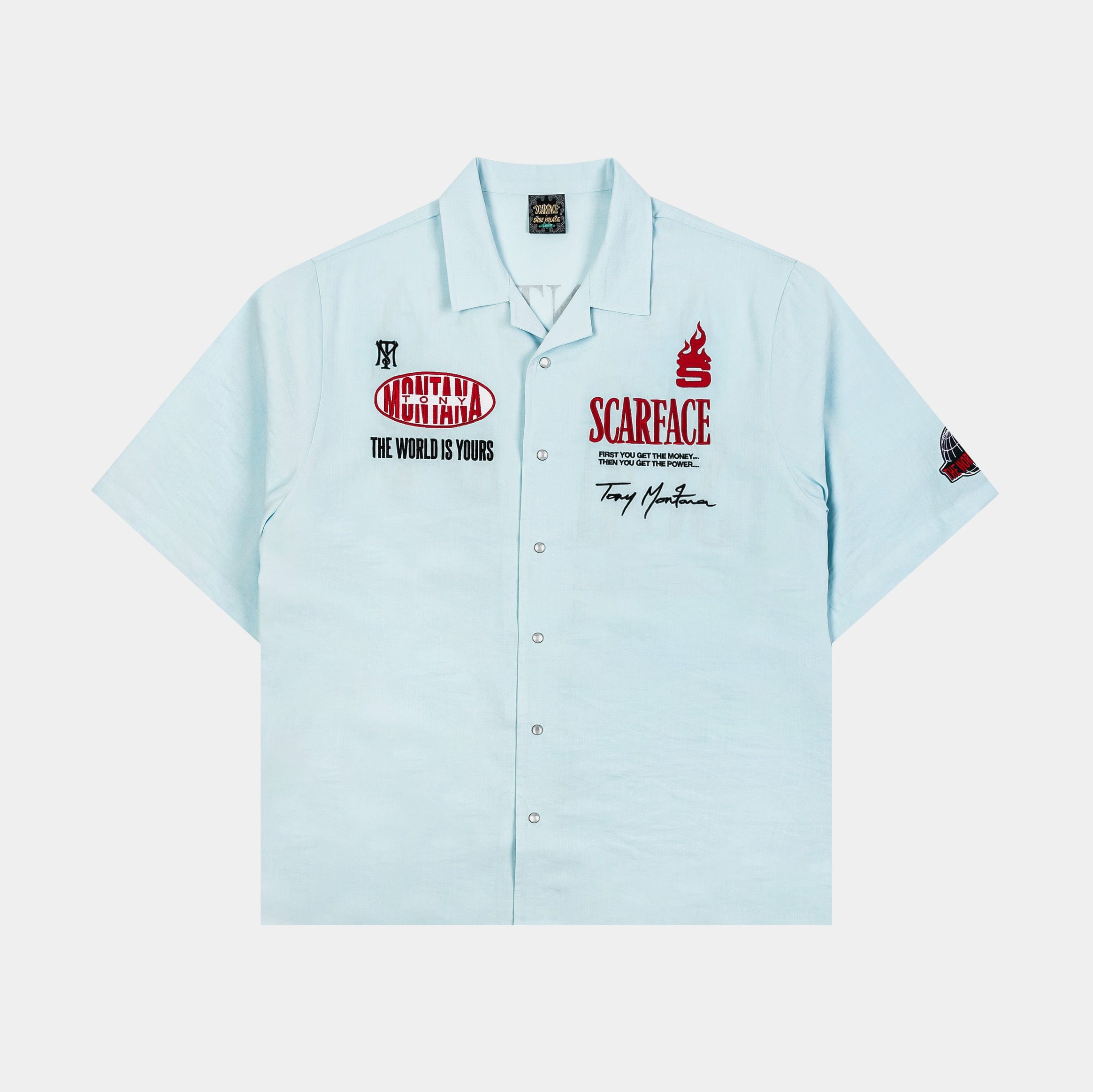 Scarface x SP SP x Scarface MGMT CO Button Up Mens Short Sleeve Shirt (Blue/Red)