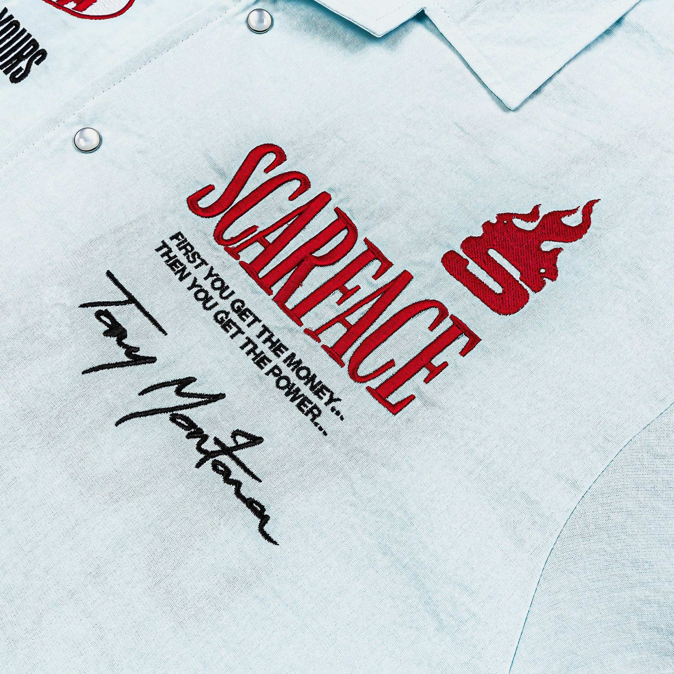Scarface x SP SP x Scarface MGMT CO Button Up Mens Short Sleeve Shirt (Blue/Red)