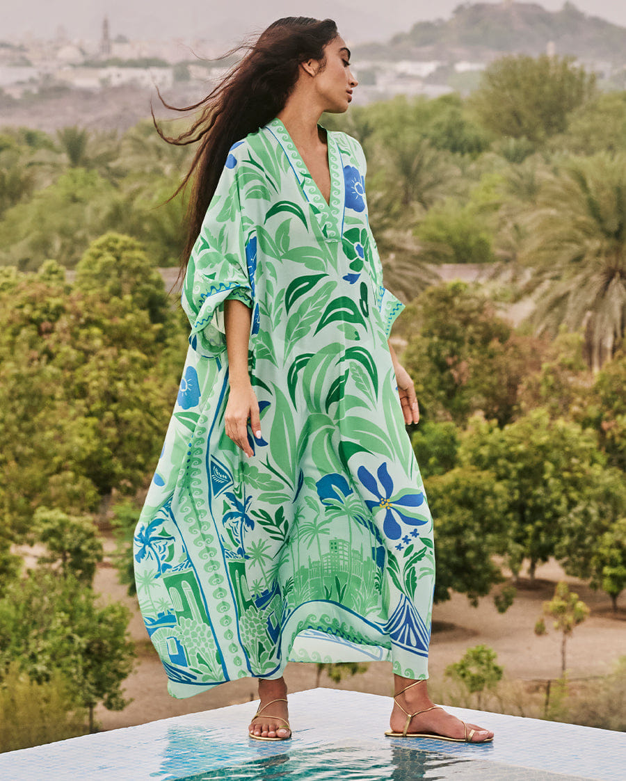 Tiya Margot Kaftan in Aquatic Greens and Cobalt Blues