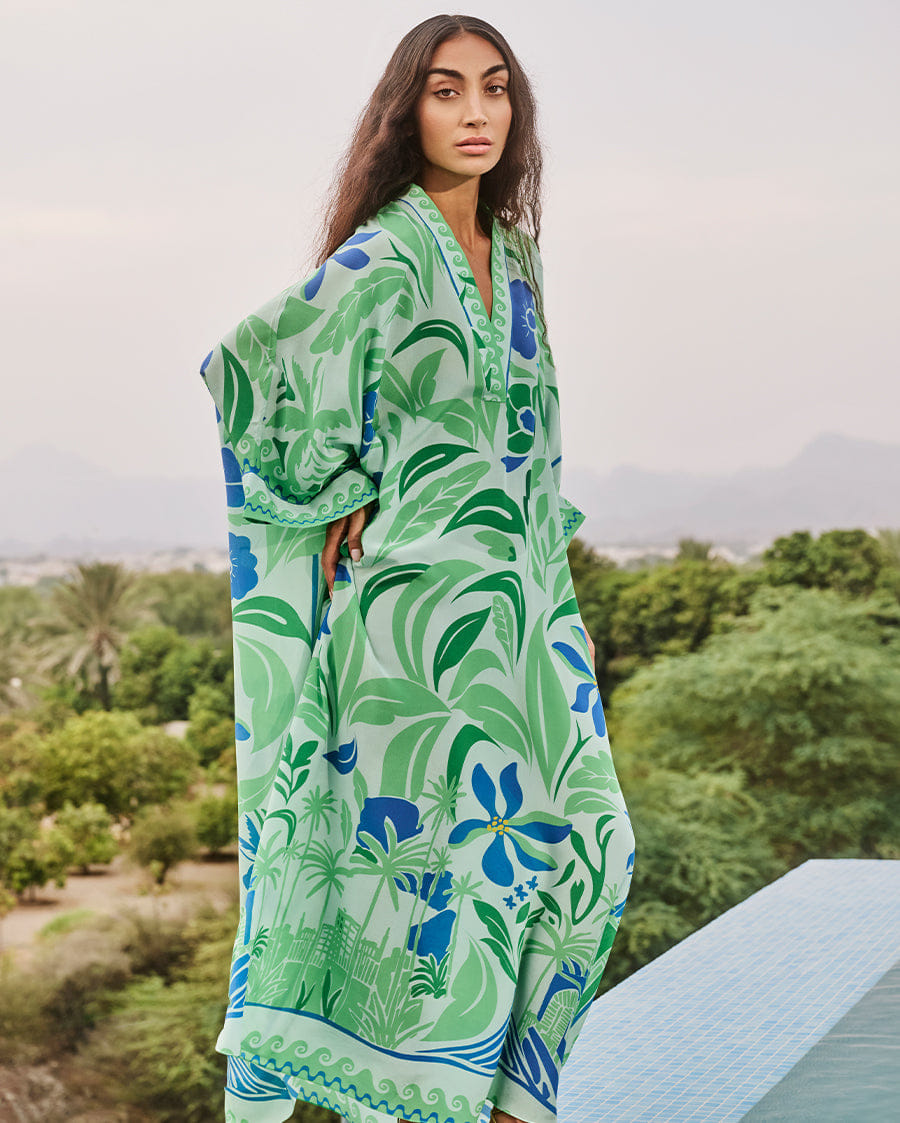 Tiya Margot Kaftan in Aquatic Greens and Cobalt Blues