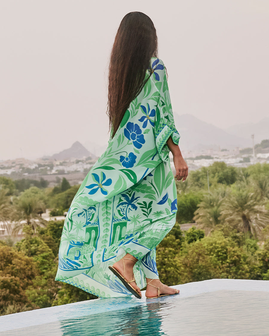 Tiya Margot Kaftan in Aquatic Greens and Cobalt Blues