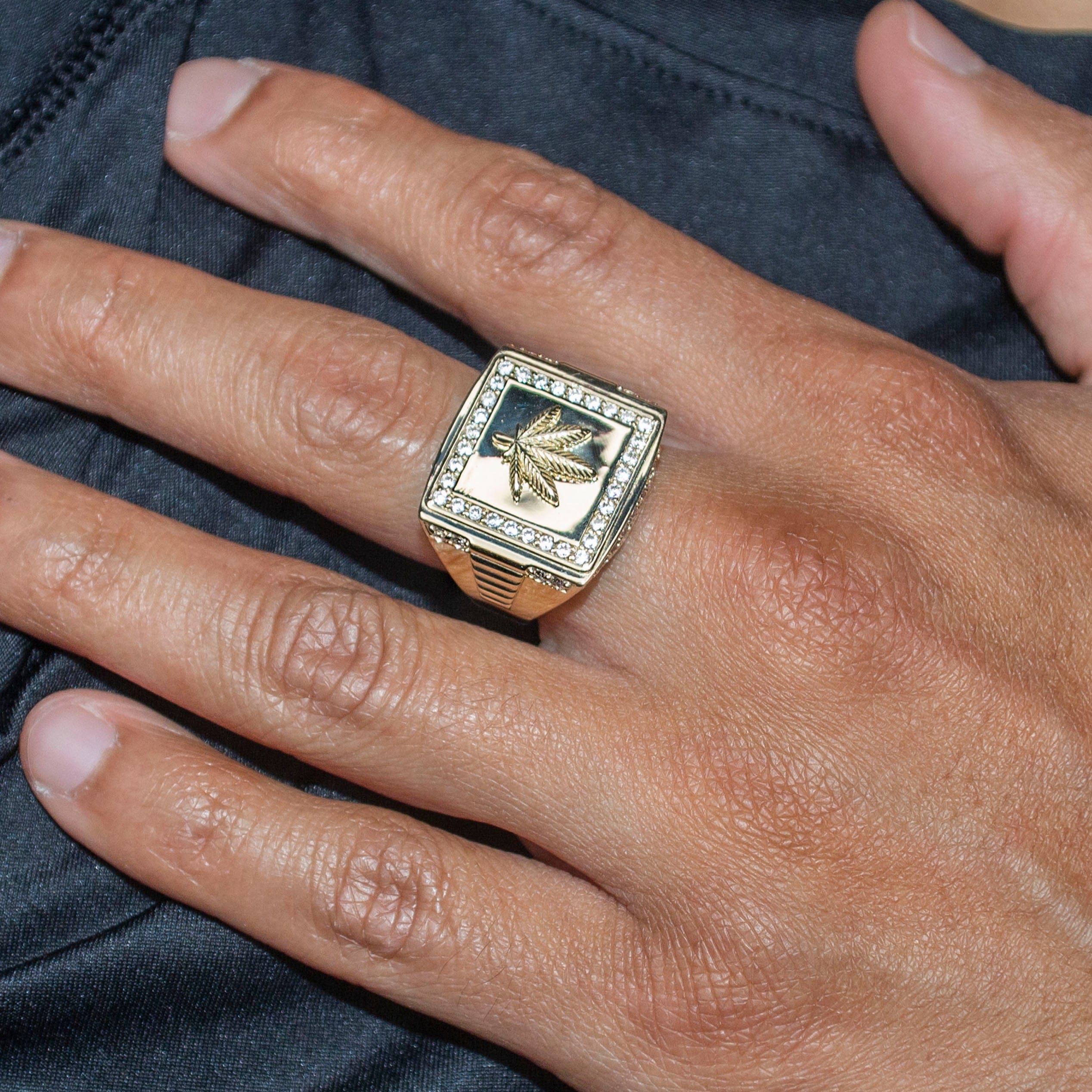 Manufacturer 1 10K Gold Cz Marihuana Leaf Ring For Men | 6 Grams