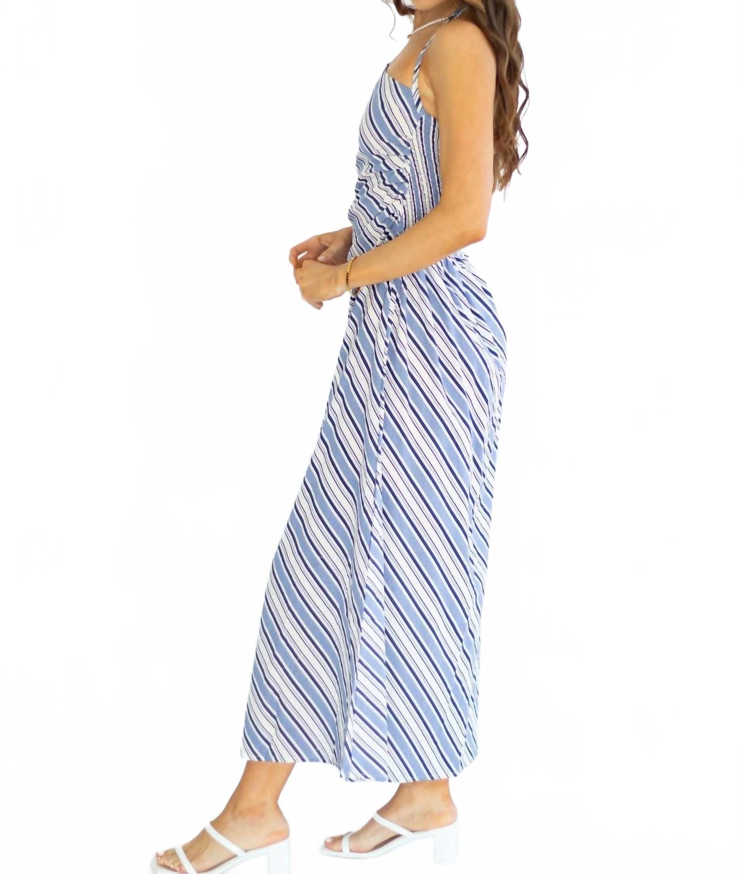 Blue Stripped Maxi Dress In Blue