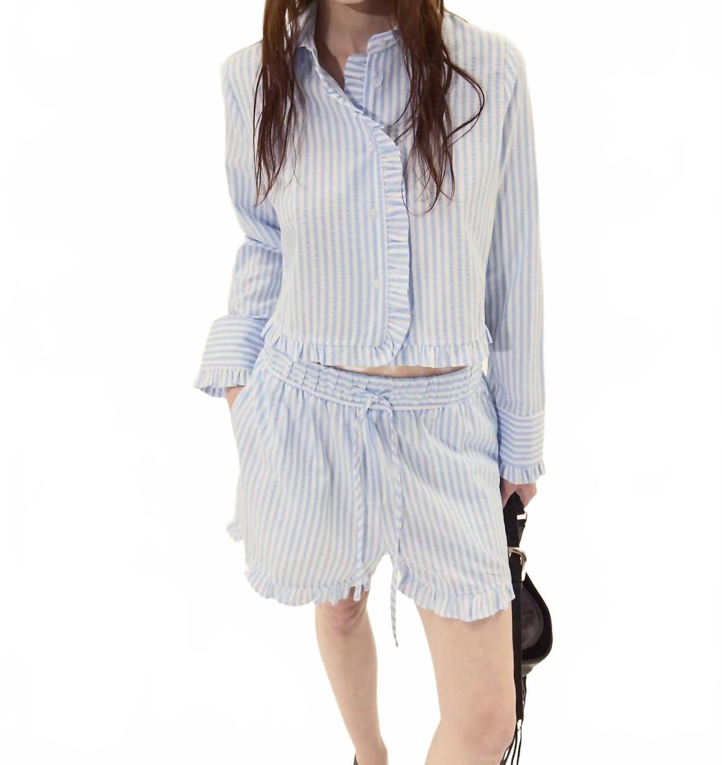Blue Split Ruffled Hem Shorts In Striped Light Blue