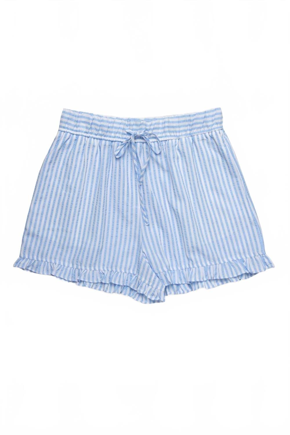 Blue Split Ruffled Hem Shorts In Striped Light Blue