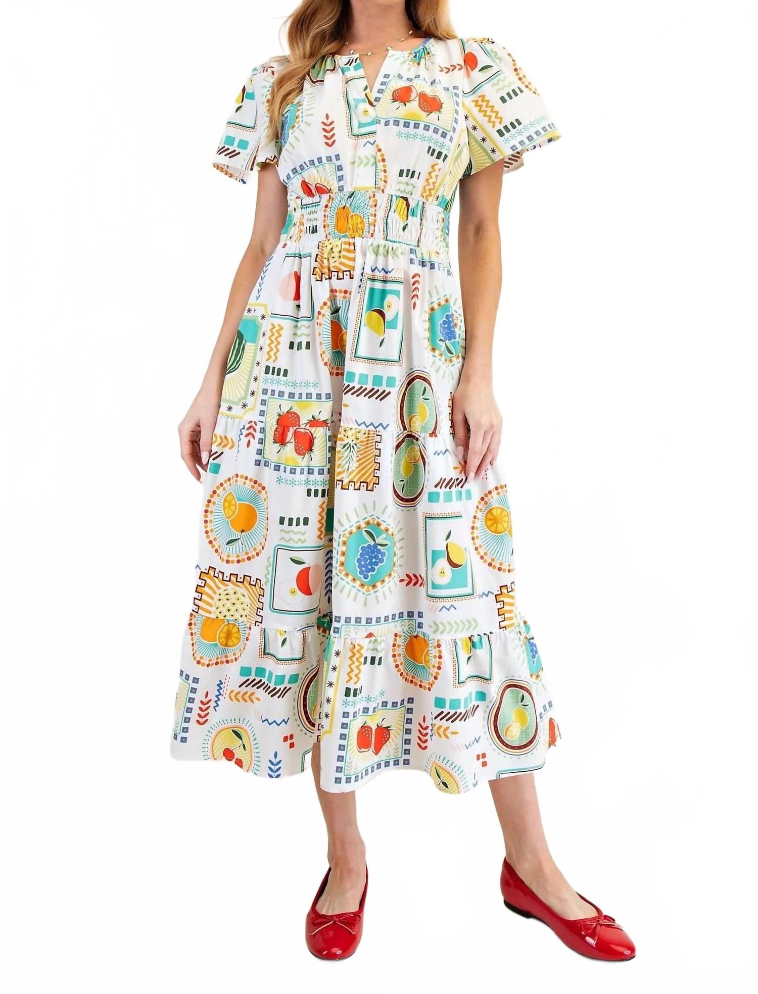 WHITE* Women's Genevieve Fruit Printed Poplin Midi Dress In White