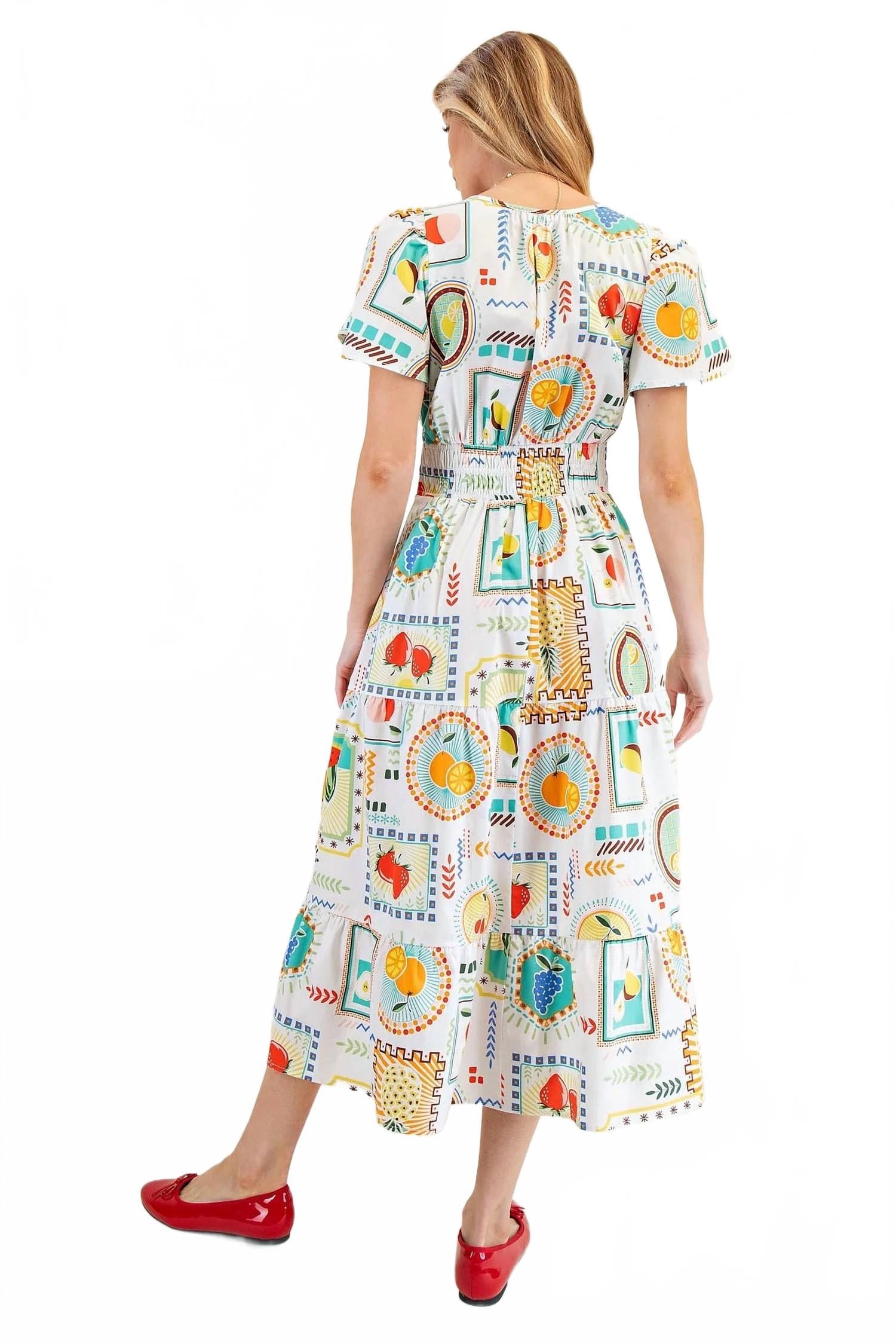 WHITE* Women's Genevieve Fruit Printed Poplin Midi Dress In White