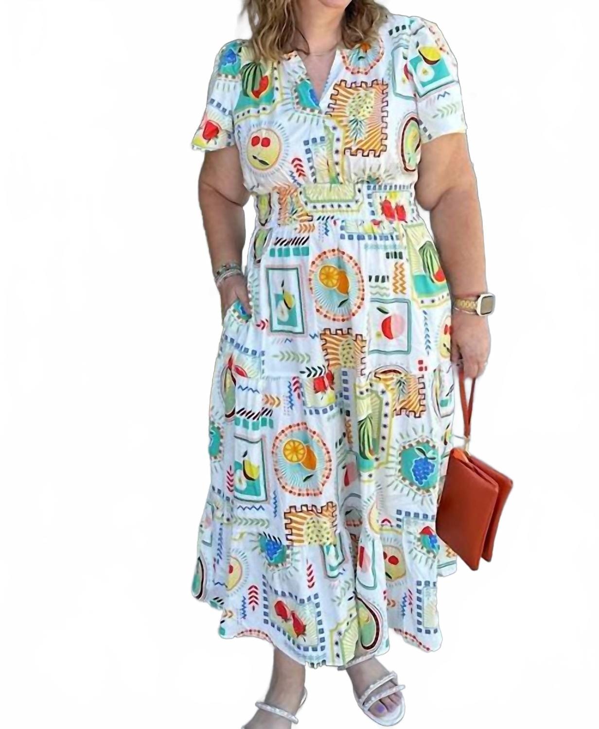 WHITE* Women's Genevieve Fruit Printed Poplin Midi Dress In White