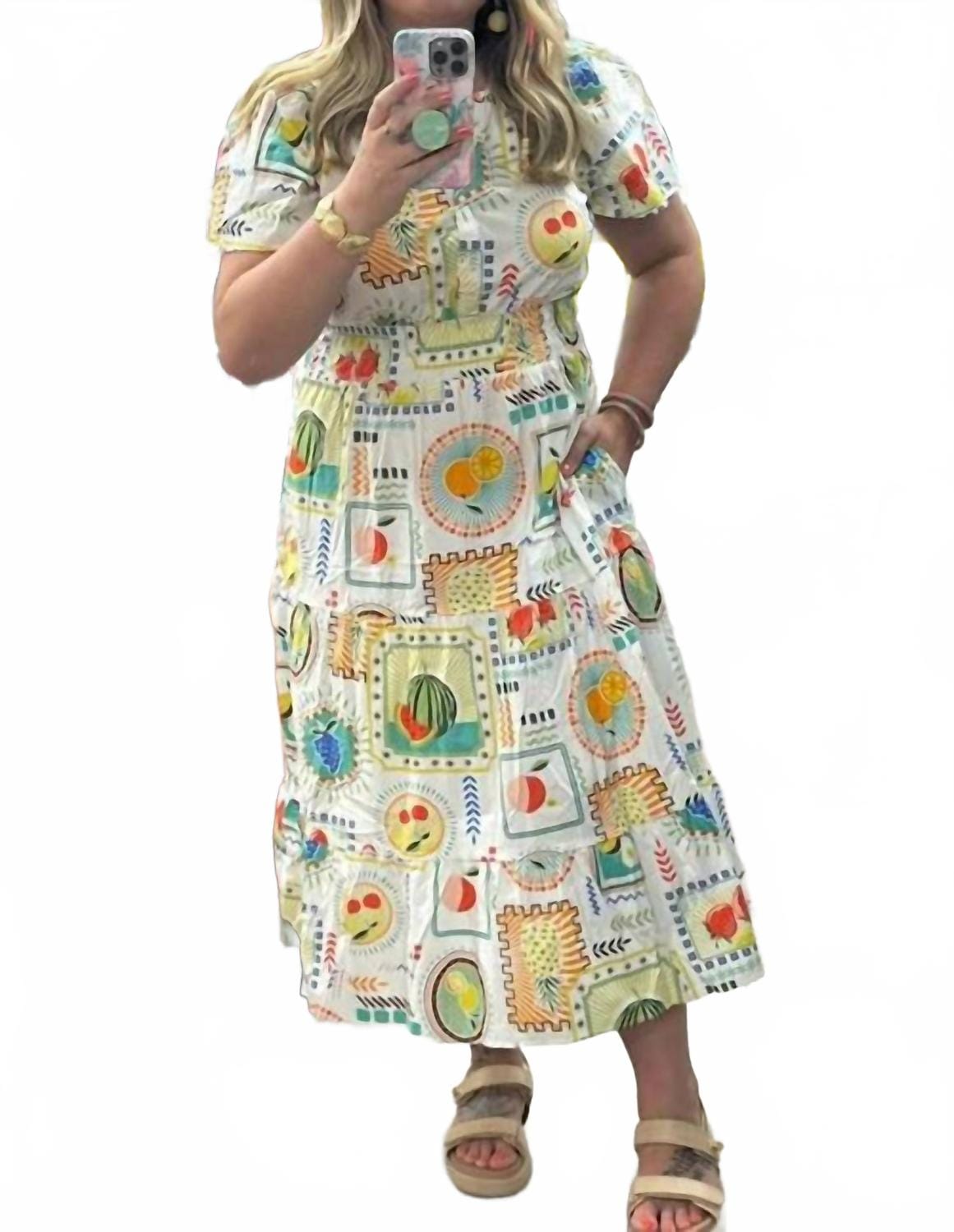WHITE* Women's Genevieve Fruit Printed Poplin Midi Dress In White