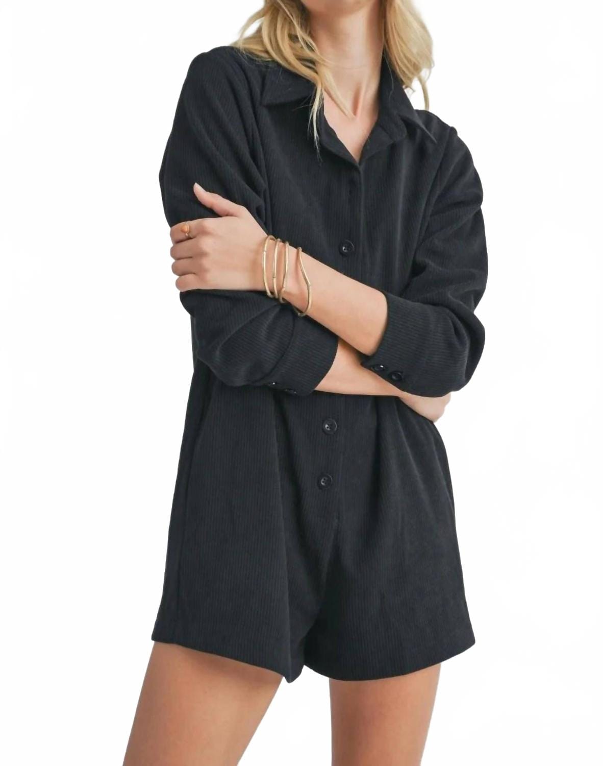 Corduroy Long Sleeve Corduroy Romper In Black