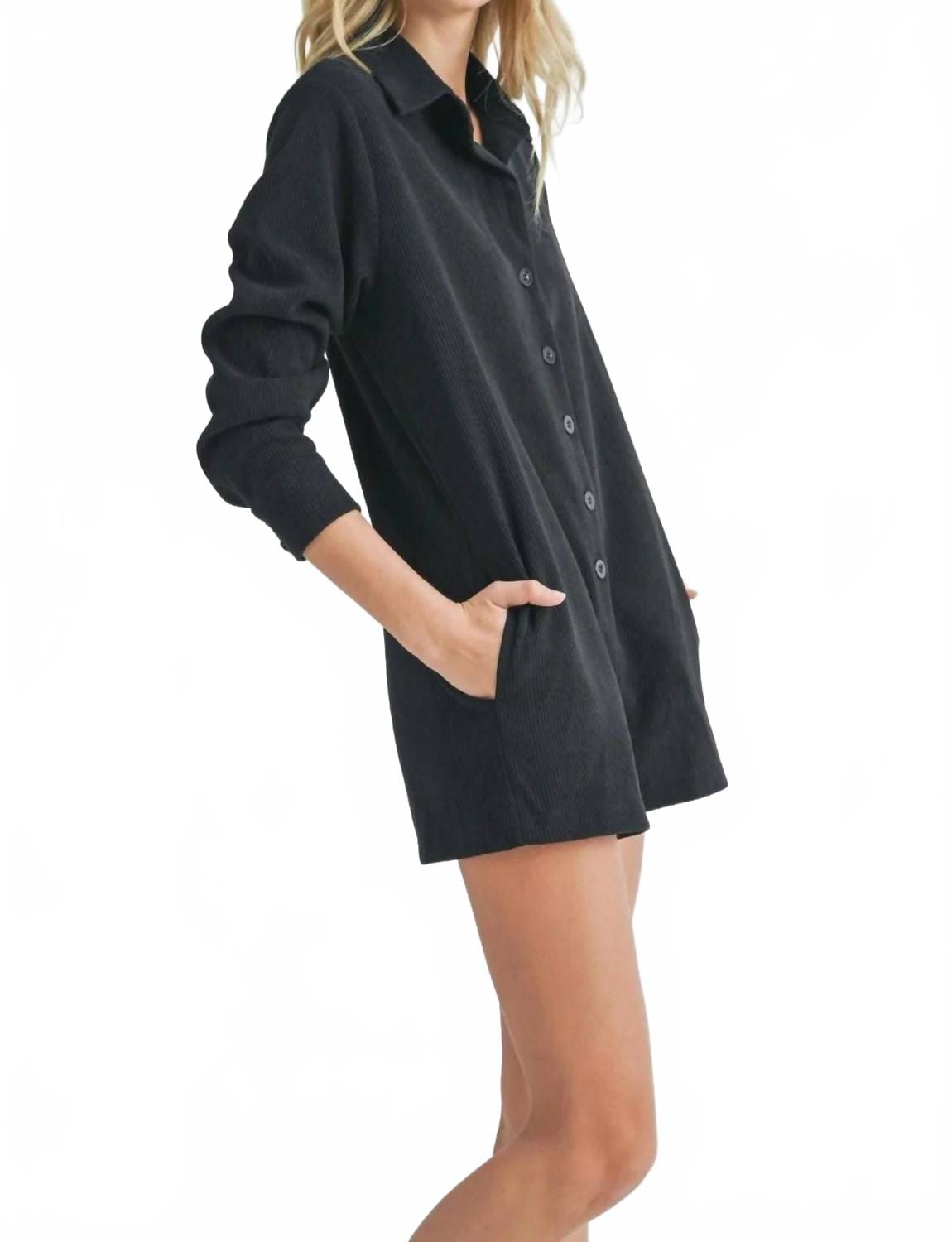 Corduroy Long Sleeve Corduroy Romper In Black
