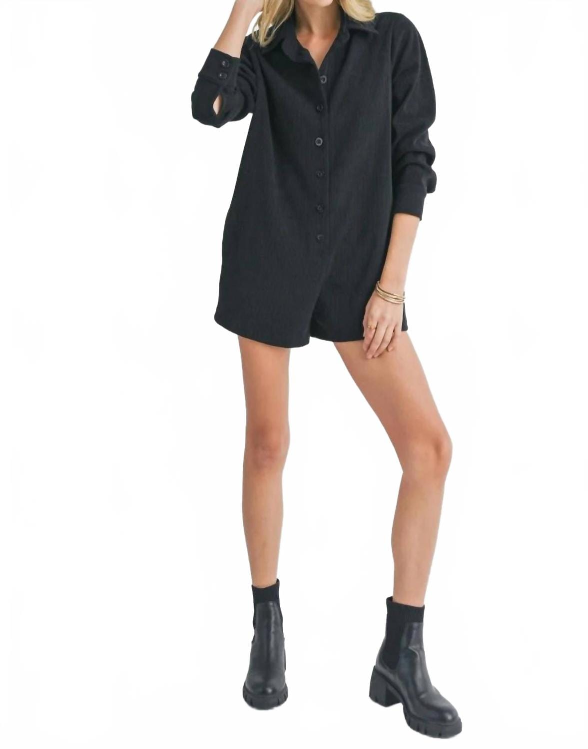 Corduroy Long Sleeve Corduroy Romper In Black