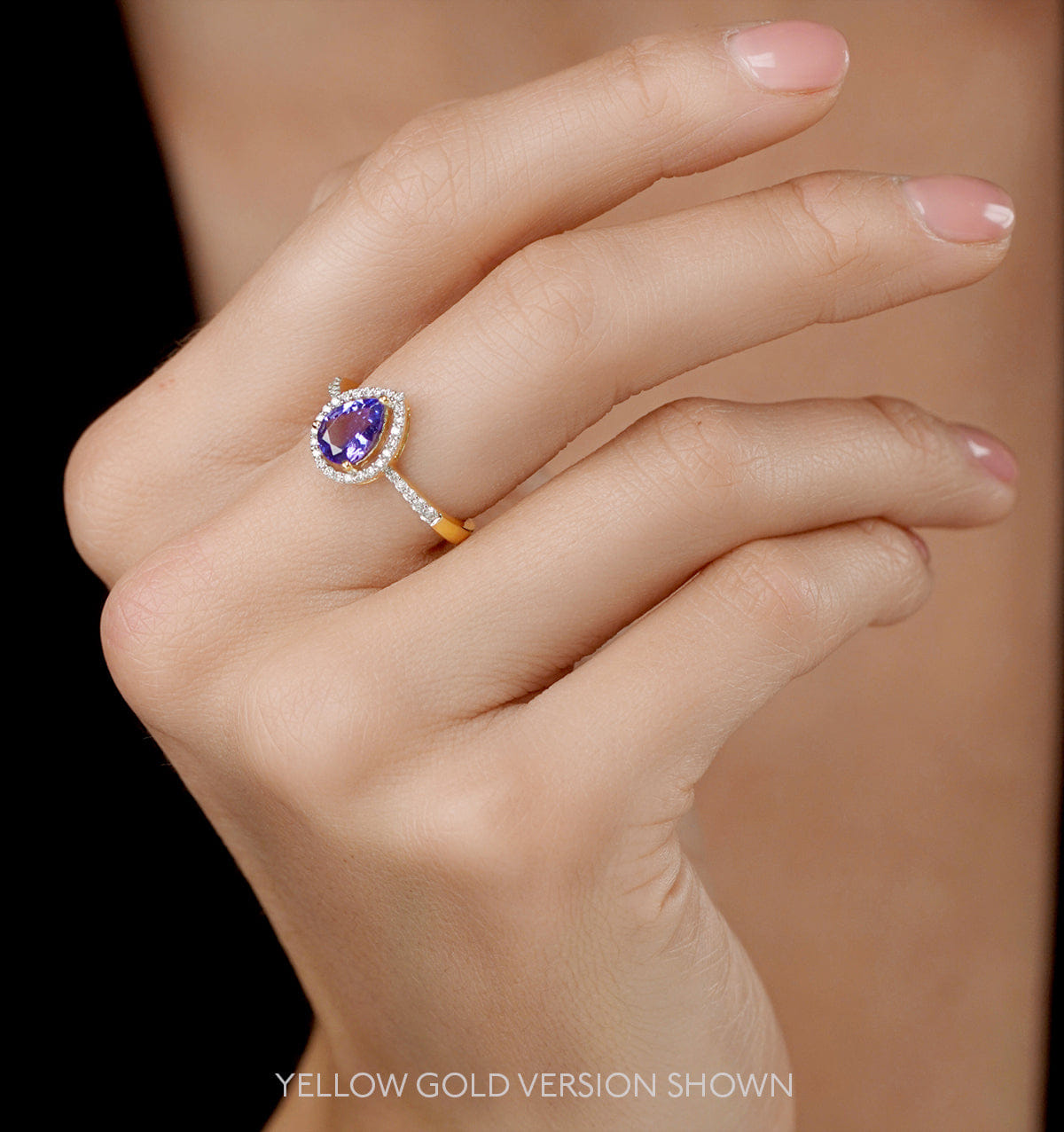 Diamond Tanzanite and Lab Diamond Pear Halo Ring in 9KW Gold - Asteria