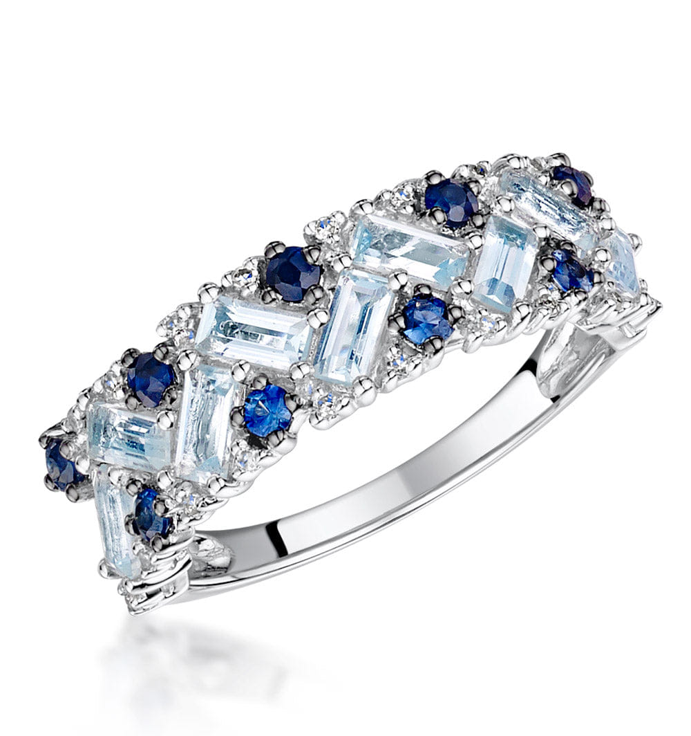 Diamond Blue Topaz Sapphire and Diamond Stellato Ring in 9K White Gold