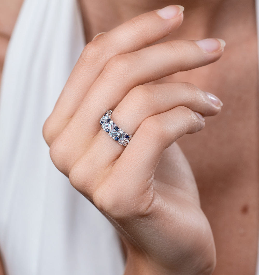 Diamond Blue Topaz Sapphire and Diamond Stellato Ring in 9K White Gold