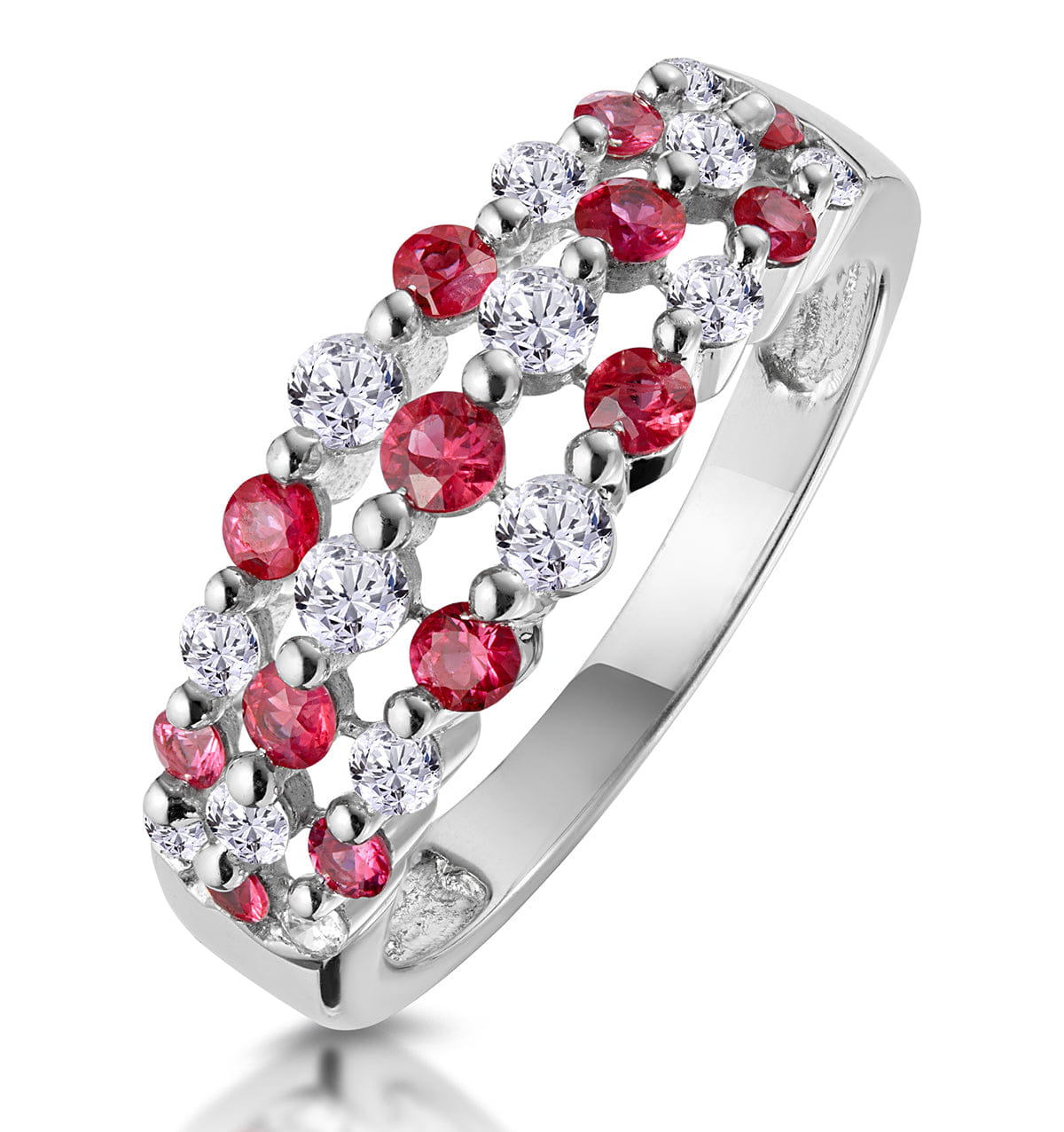Diamond Ruby and Lab Diamond 3 Row Ring in 9K White Gold - Asteria Collection