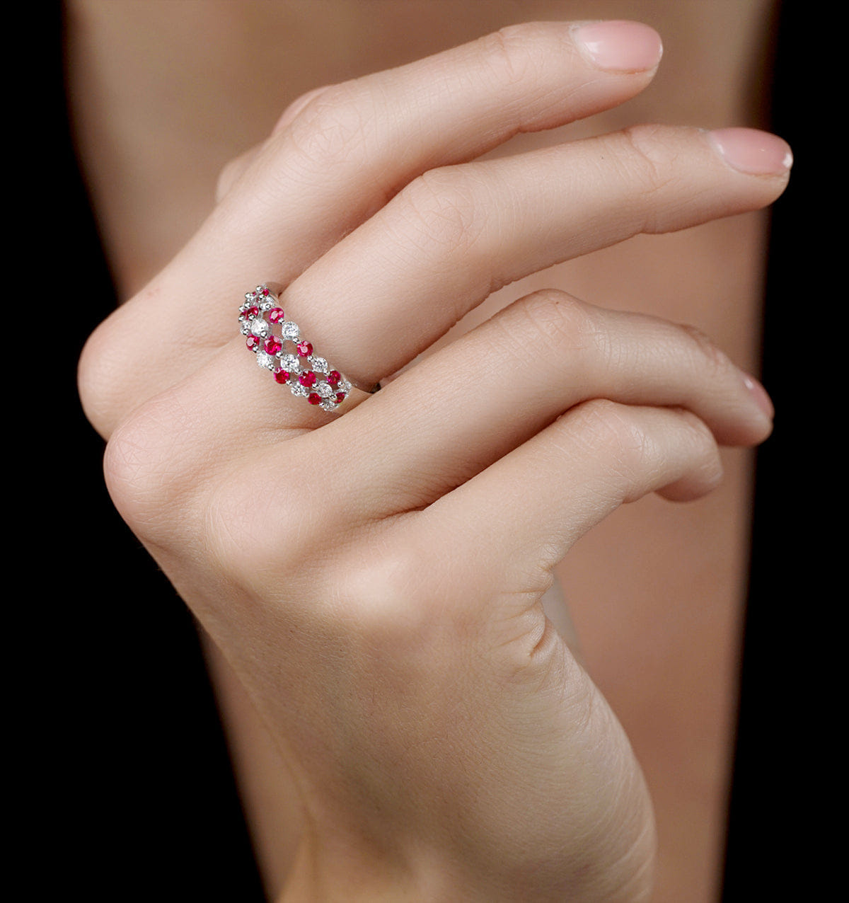 Diamond Ruby and Lab Diamond 3 Row Ring in 9K White Gold - Asteria Collection
