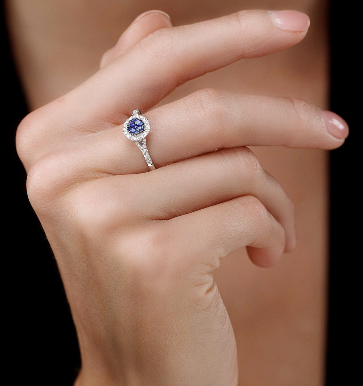 Diamond Sapphire and Lab Diamond Halo Circle Ring 9KW Gold - Asteria