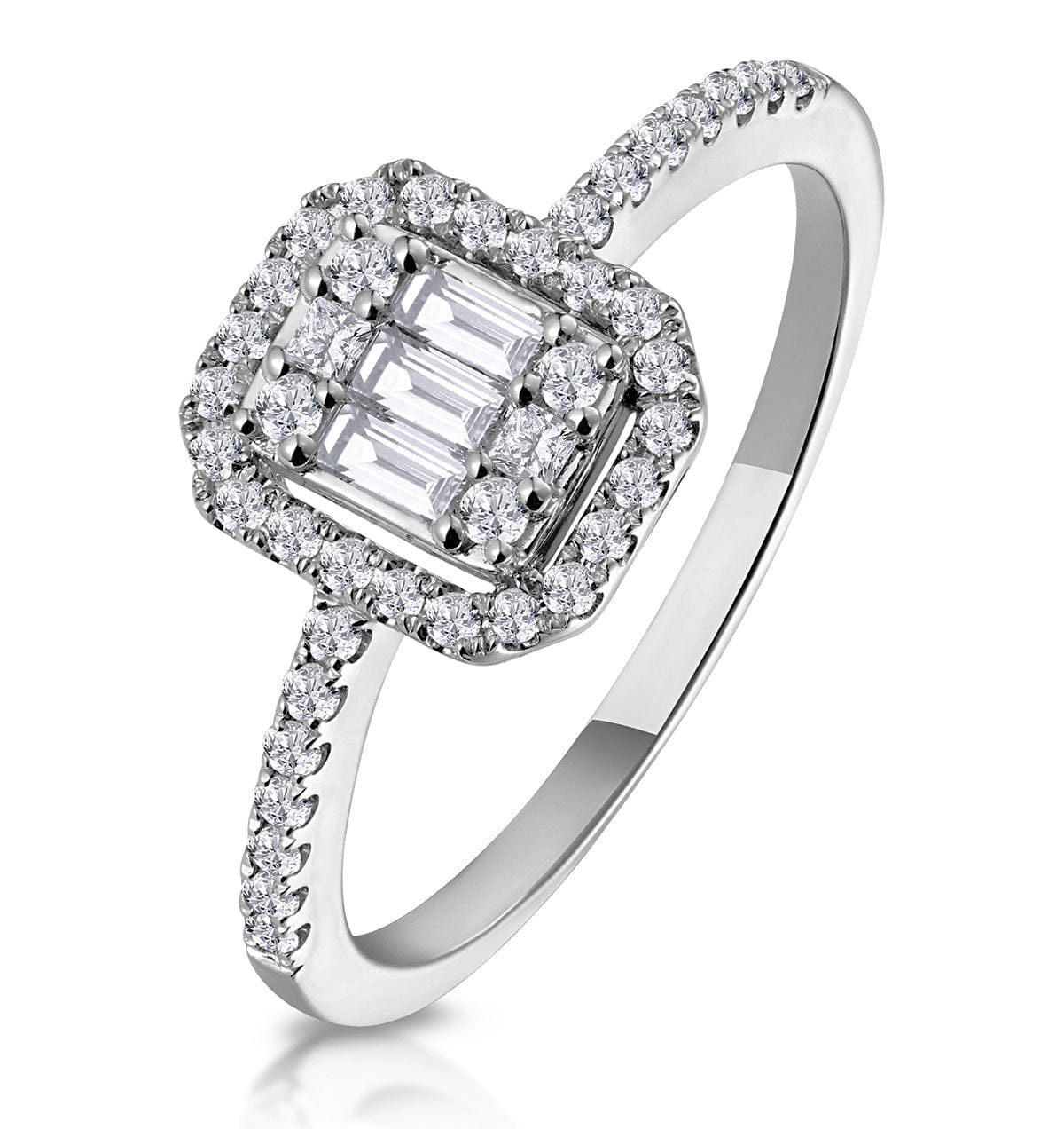 Diamond 0.40ct Halo Baguette Diamond Asteria Ring in 18K White Gold