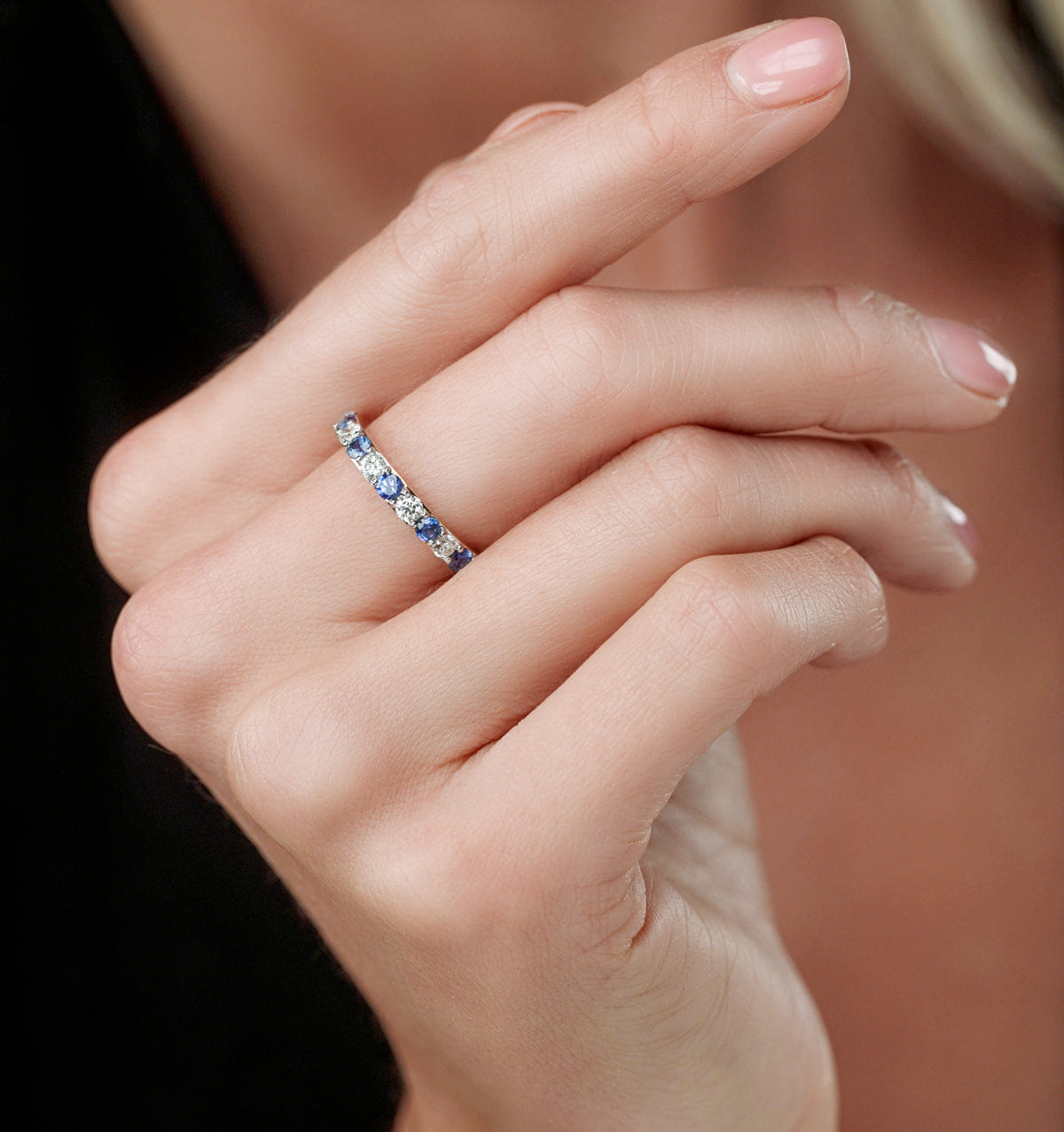 Diamond Sapphire and 0.50ct Lab Diamond Asteria Eternity Ring 9K White Gold