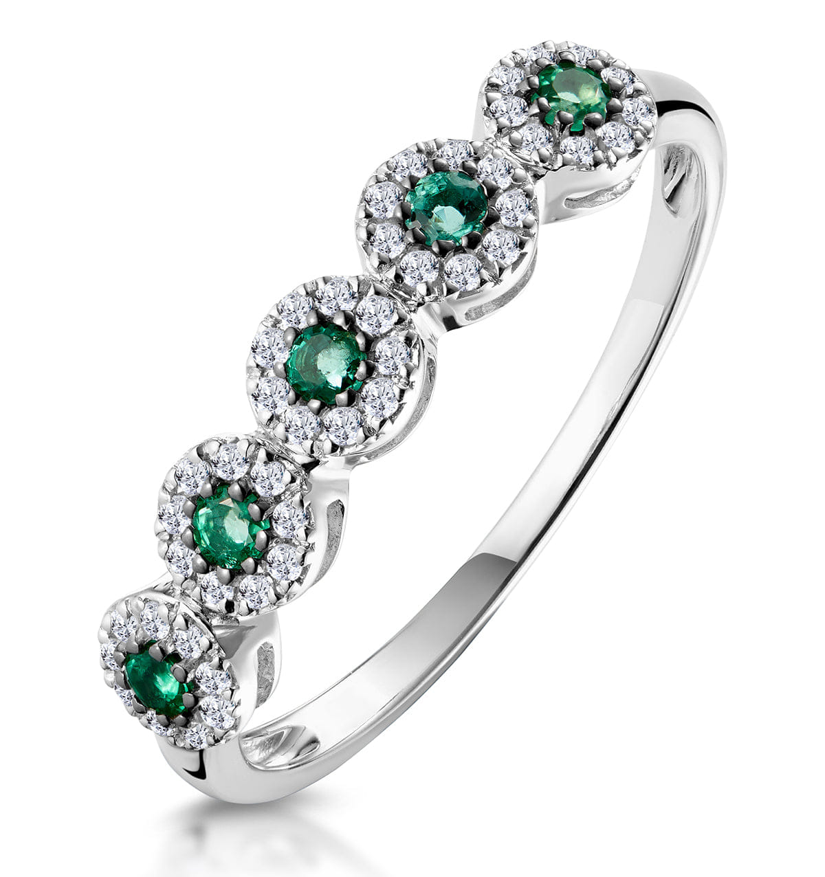 Diamond Emerald and Halo Diamond Stellato Eternity Ring in 9K White Gold