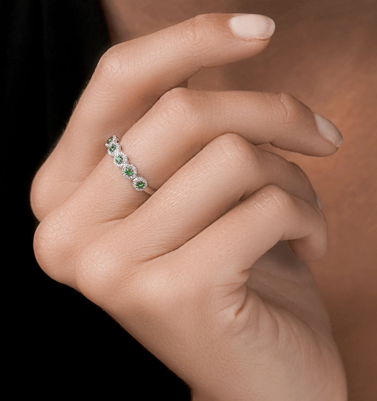 Diamond Emerald and Halo Diamond Stellato Eternity Ring in 9K White Gold
