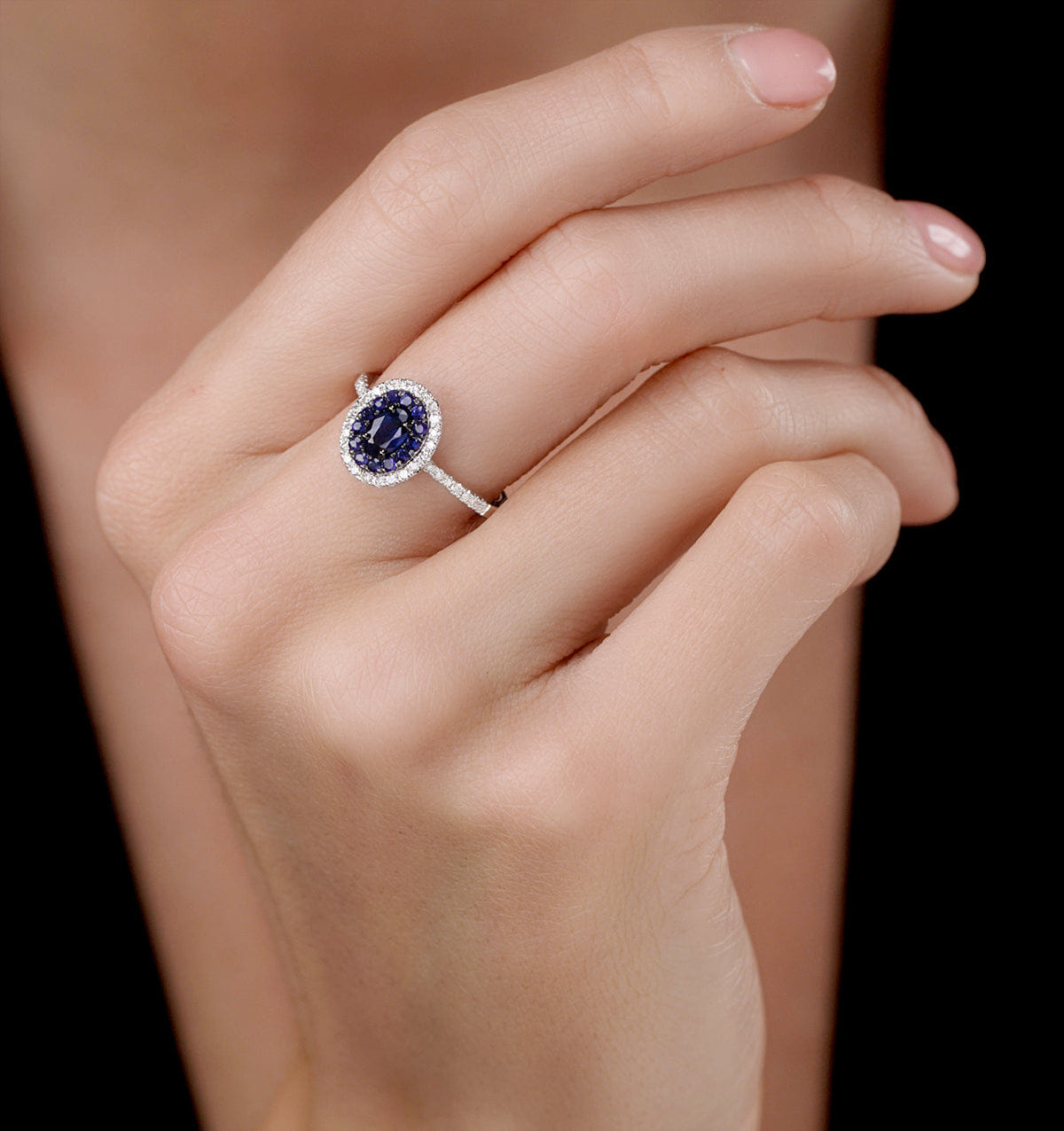 Diamond Sapphire and Lab Diamond Double Halo Ring 9KW Gold - Asteria