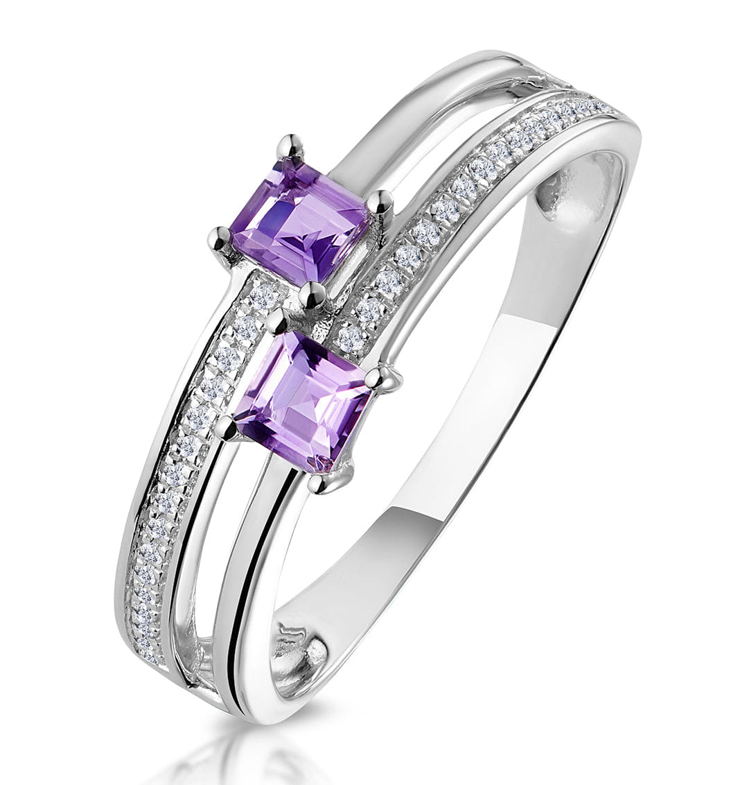 Diamond Twin Amethyst and Diamond Stellato Ring in 9K White Gold