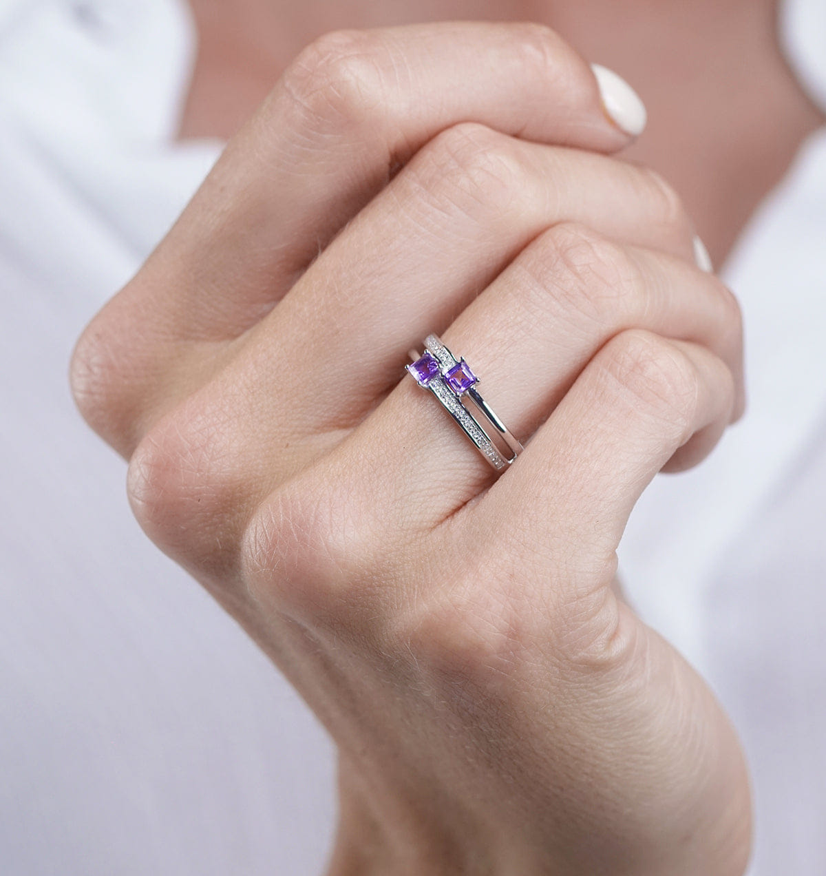 Diamond Twin Amethyst and Diamond Stellato Ring in 9K White Gold