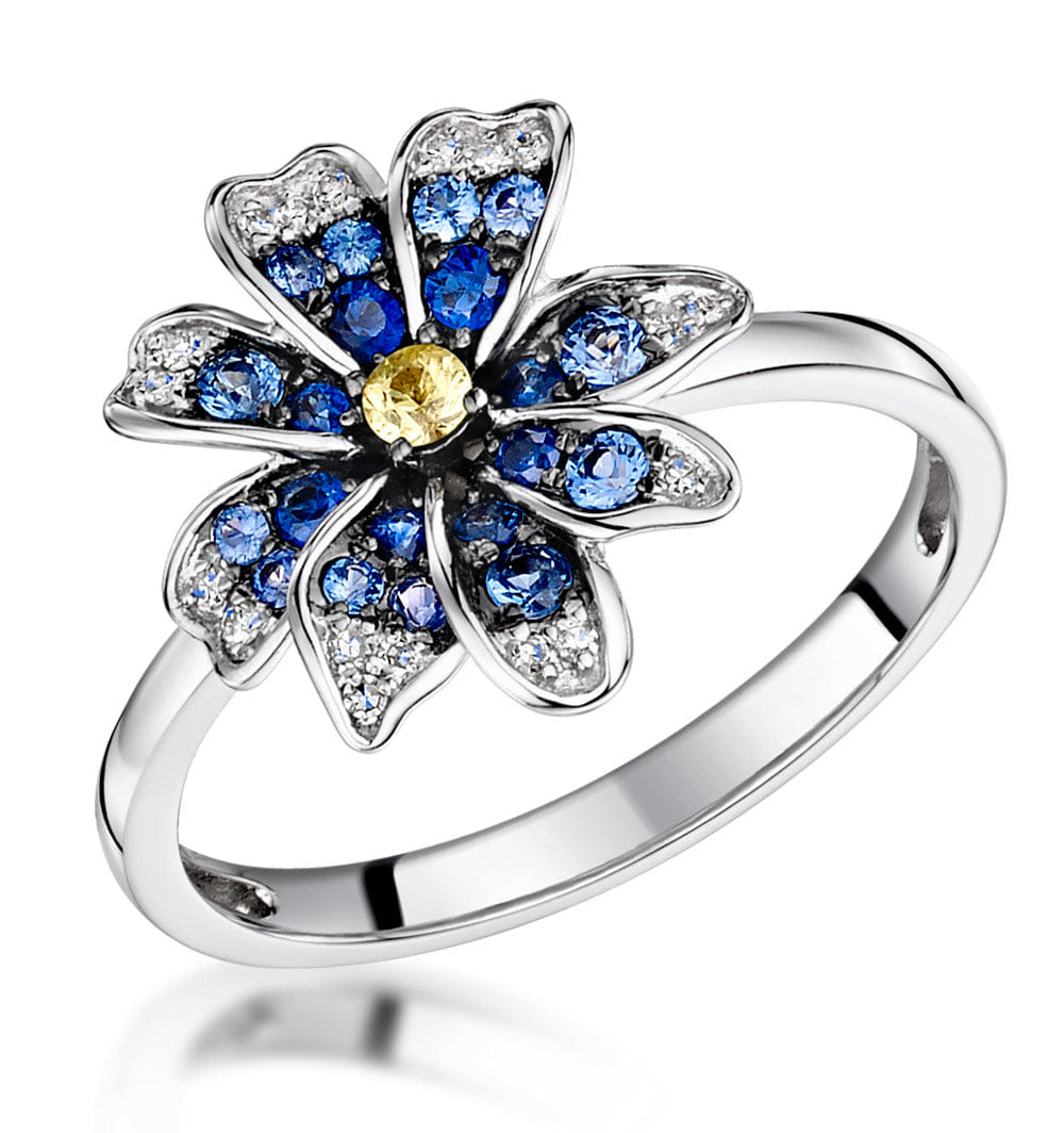 Diamond Blue Sapphire Yellow Sapphire and Diamond Stellato Ring 9K White Gold