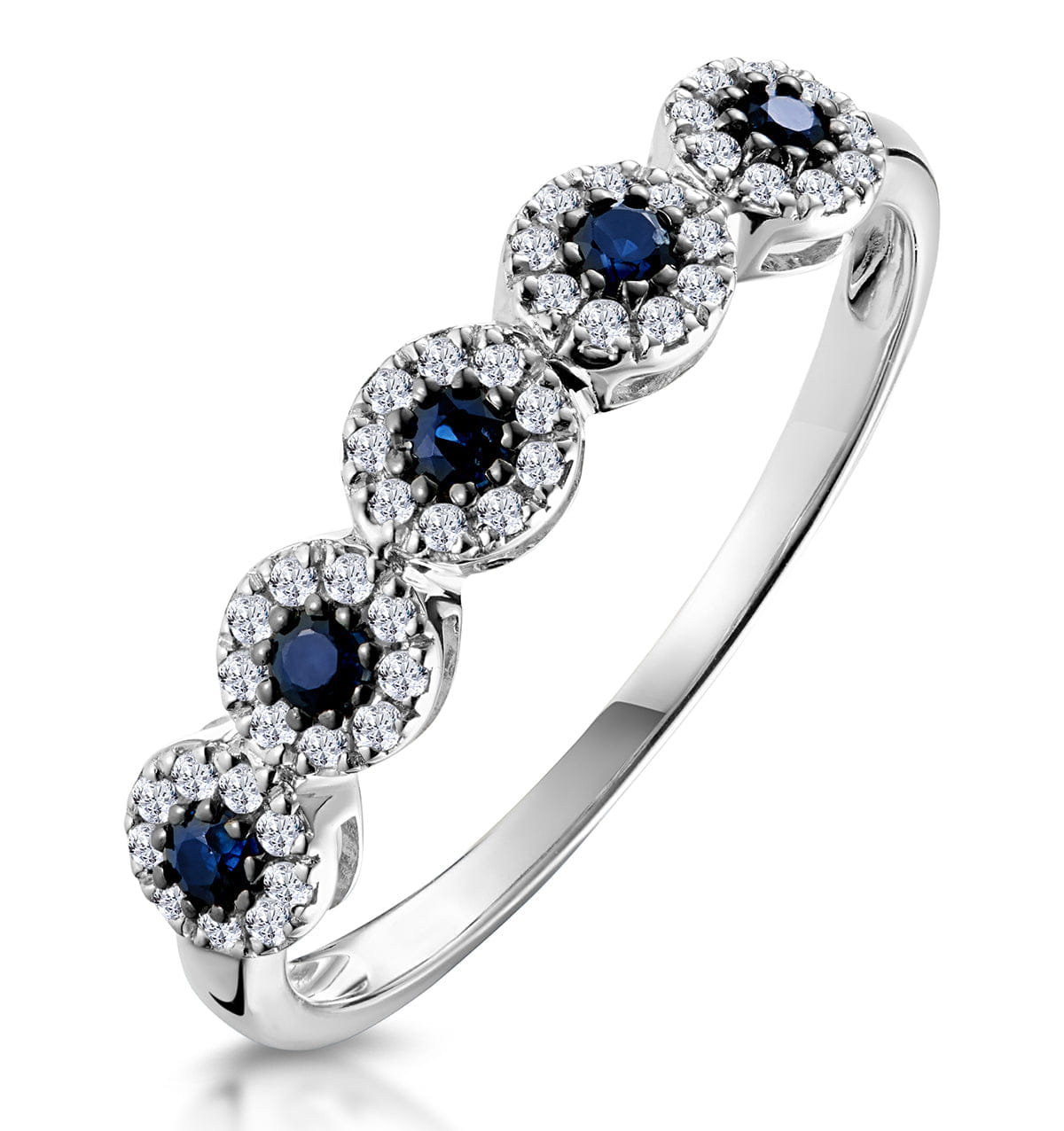 Diamond Sapphire and Halo Diamond Stellato Eternity Ring in 9K White Gold