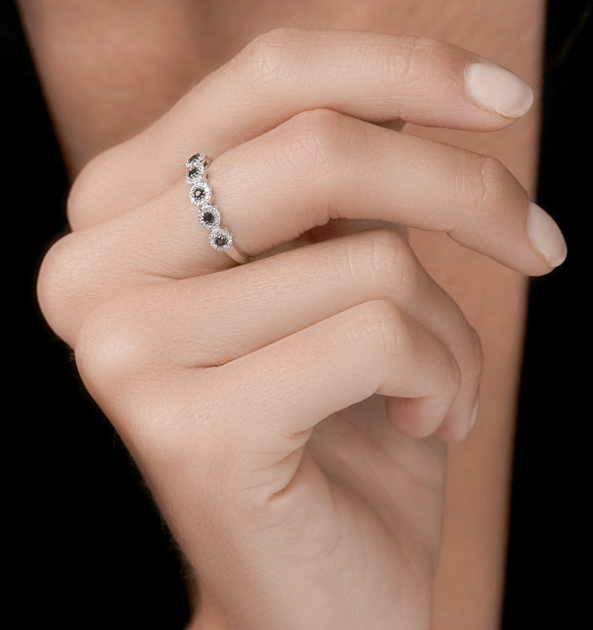 Diamond Sapphire and Halo Diamond Stellato Eternity Ring in 9K White Gold