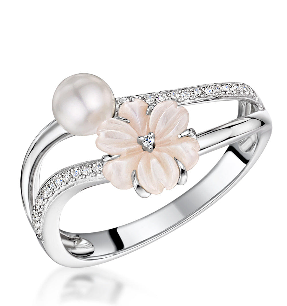 Diamond 4.5 mm Pearl with Shell and Diamond Stellato Ring in 9K White Gold