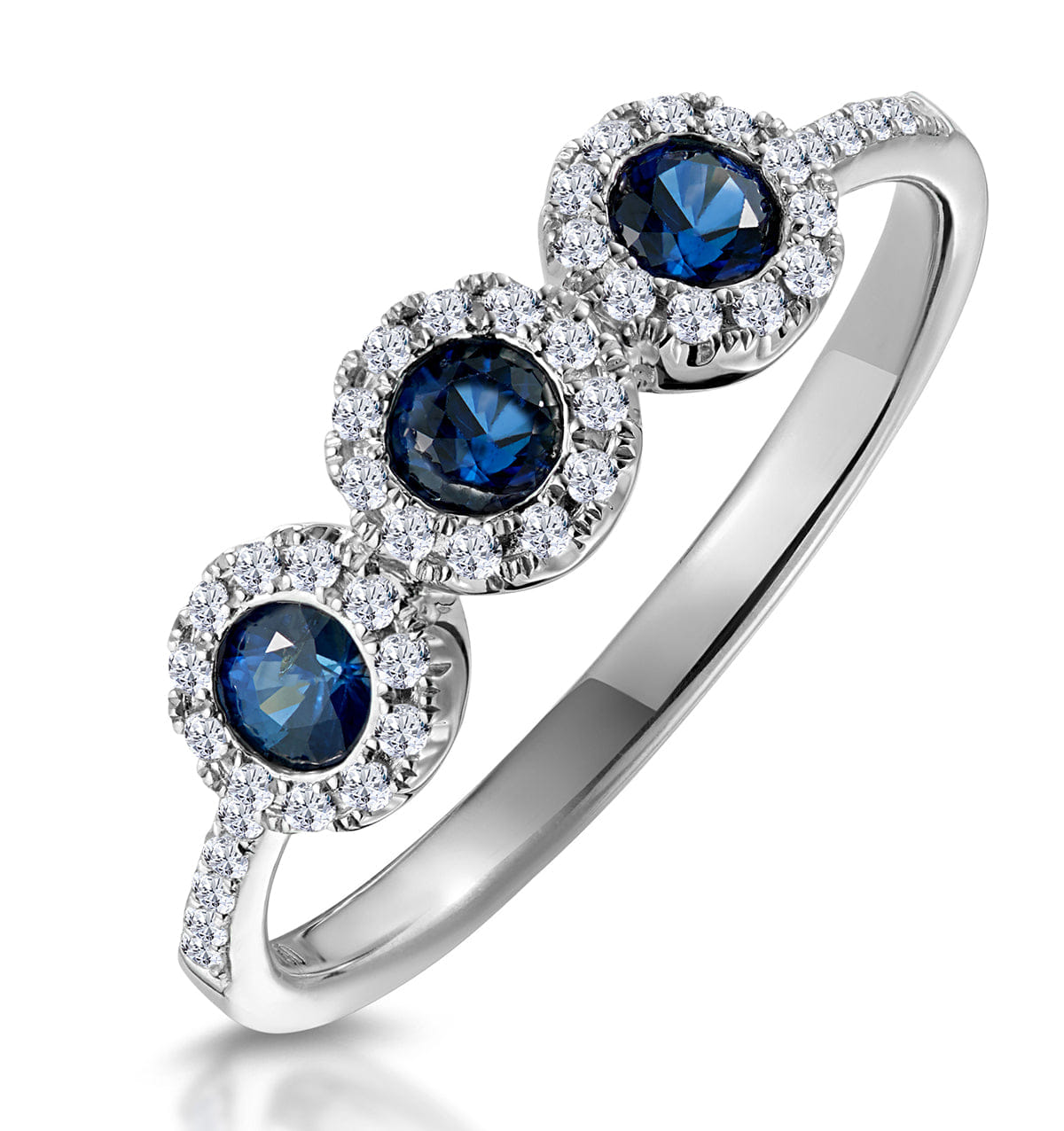 Diamond Sapphire and Diamond Halo Trilogy Asteria Ring in 18K White Gold