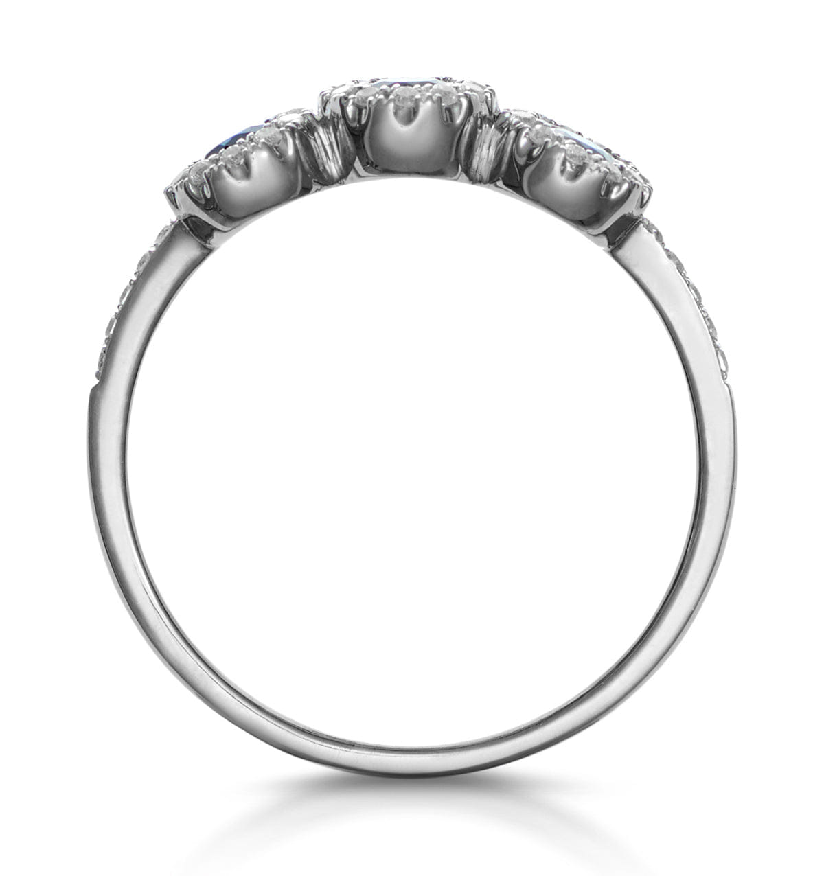 Diamond Sapphire and Diamond Halo Trilogy Asteria Ring in 18K White Gold