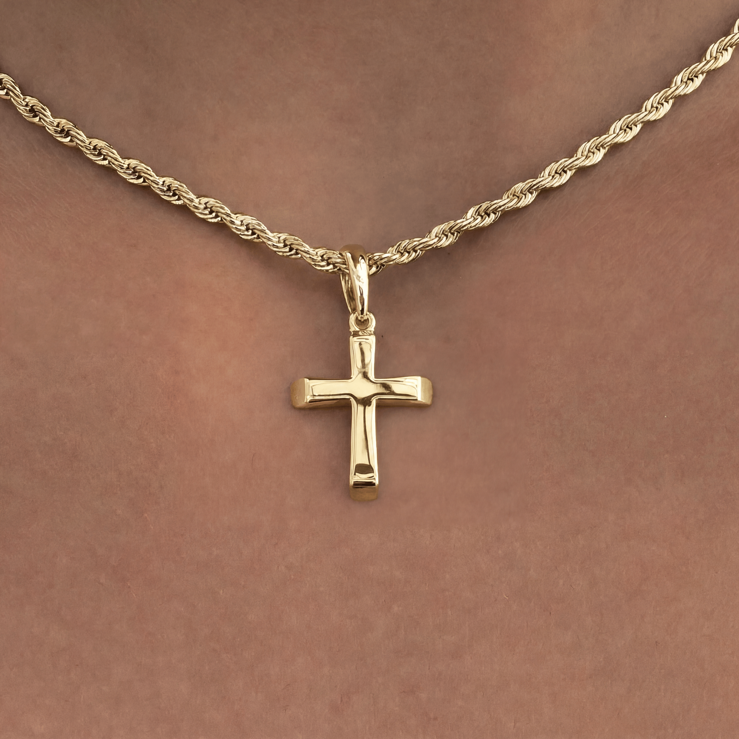 GLD Women Micro Simple Cross Pendant + 2 mm Rope Necklace Bundle in Yellow Gold