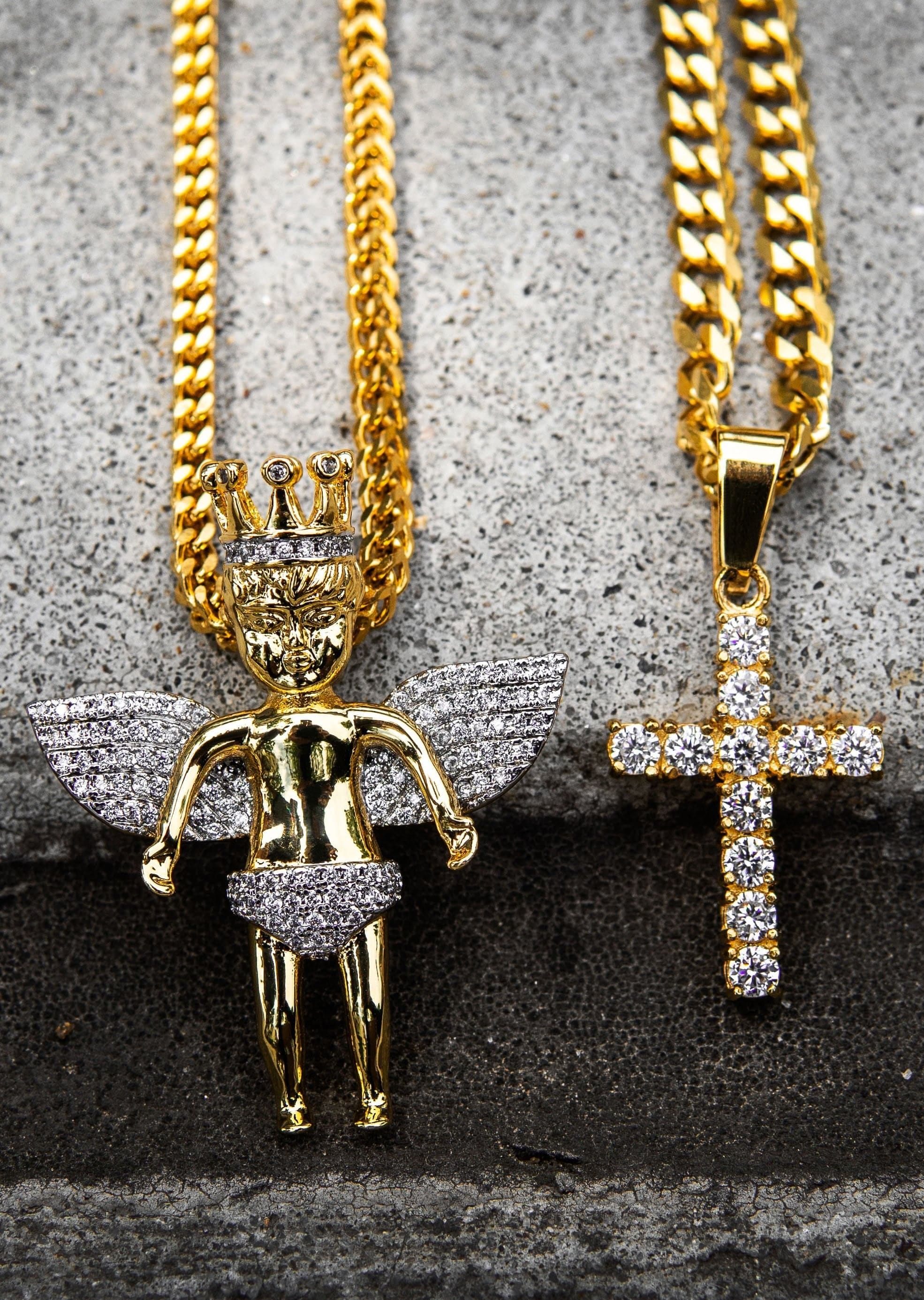 Manufacturer 30 Gold Plated Iced Out Angel & Cross With Cuban Link & Franco Chain