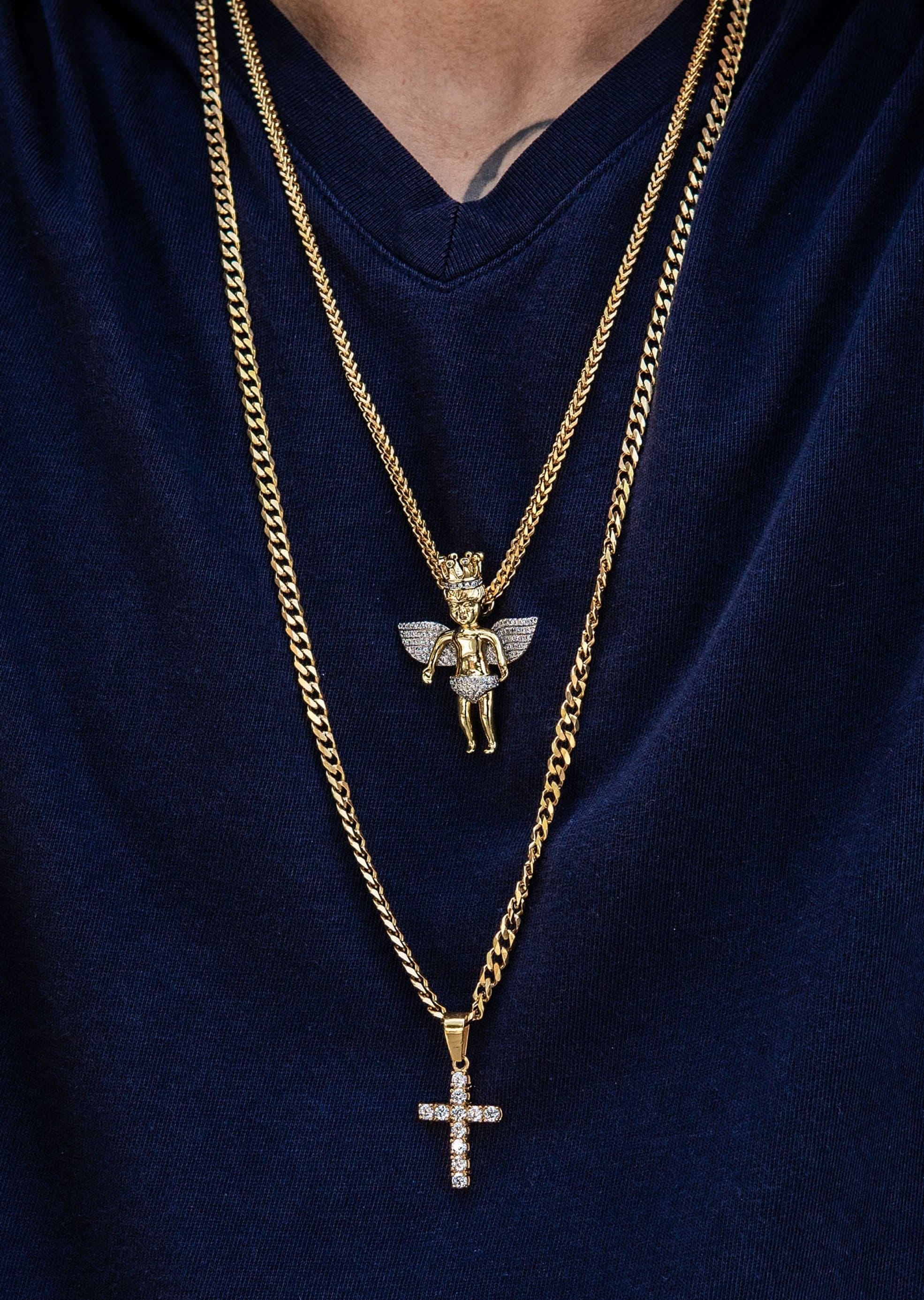 Manufacturer 30 Gold Plated Iced Out Angel & Cross With Cuban Link & Franco Chain