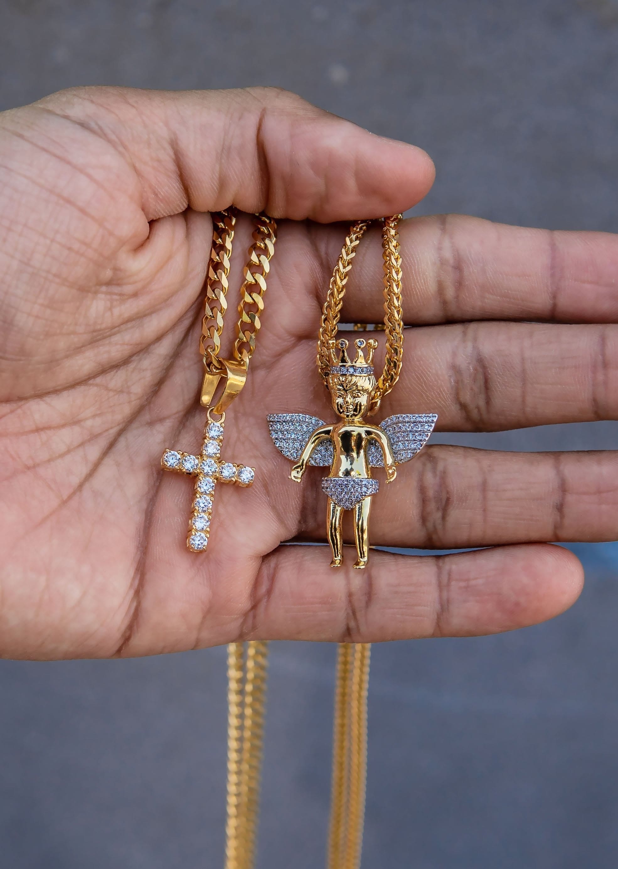 Manufacturer 30 Gold Plated Iced Out Angel & Cross With Cuban Link & Franco Chain