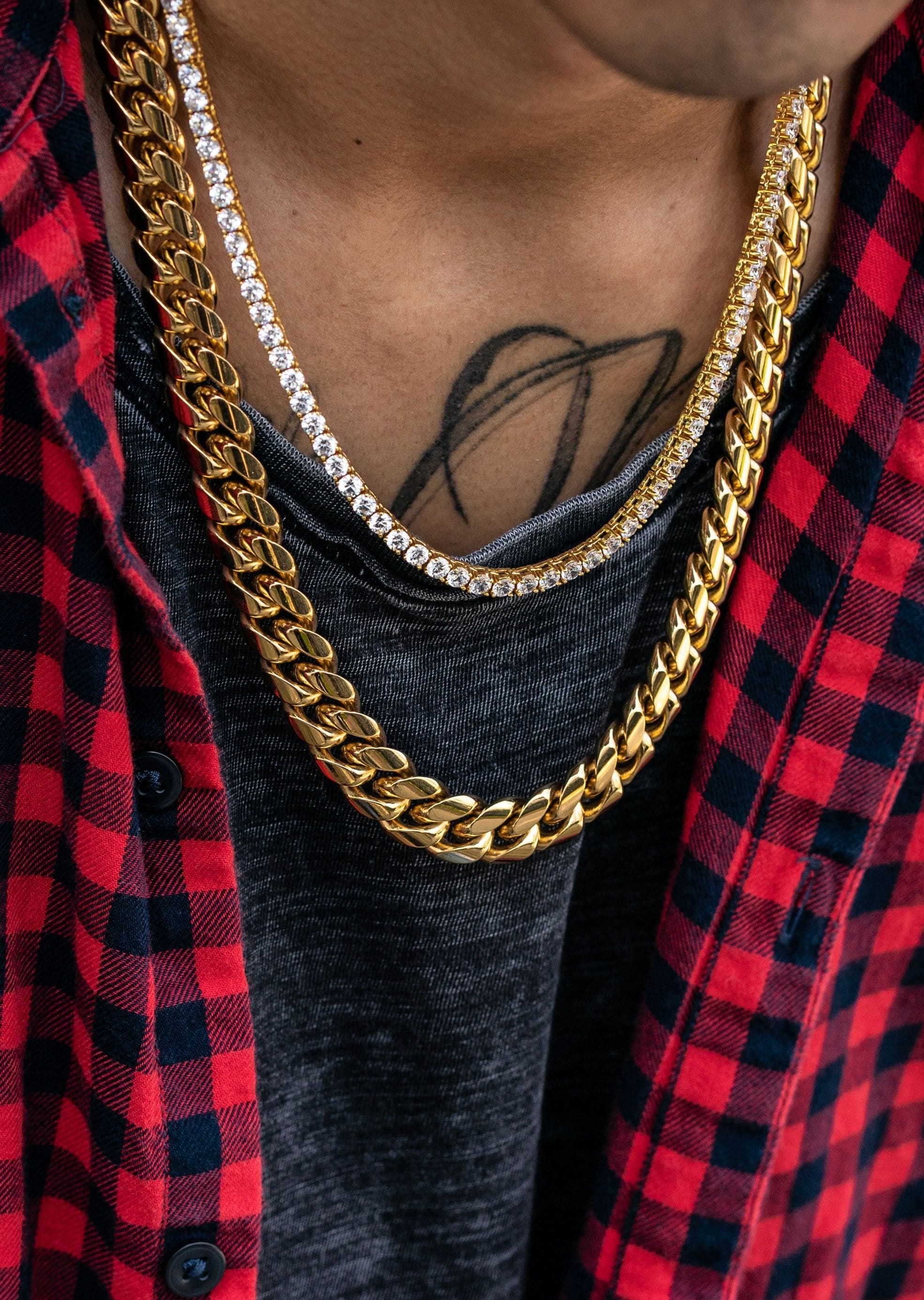 Manufacturer 30 Gold Plated Solid Miami Cuban Link ( 14 mm ) & Tennis Chain