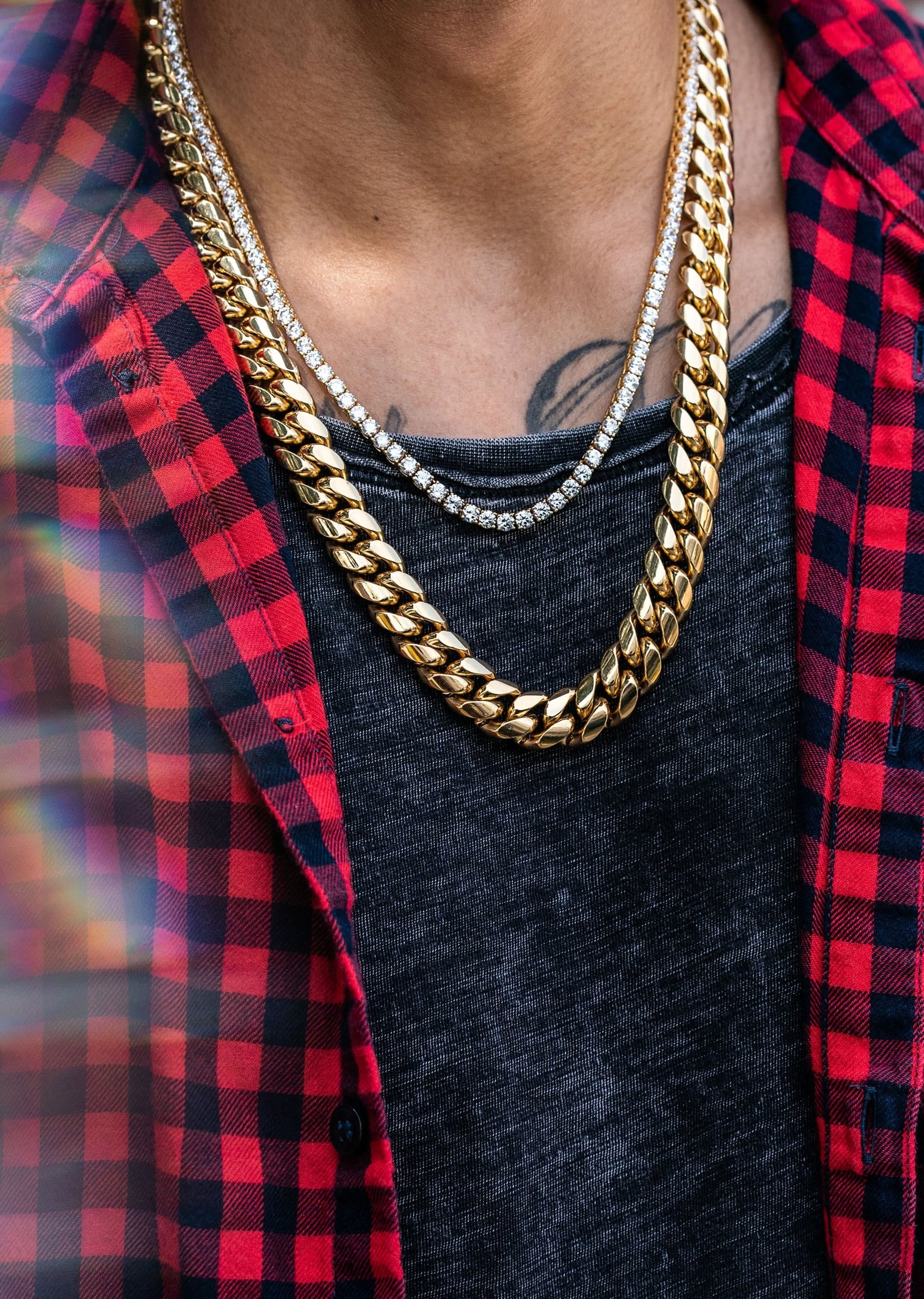 Manufacturer 30 Gold Plated Solid Miami Cuban Link ( 14 mm ) & Tennis Chain