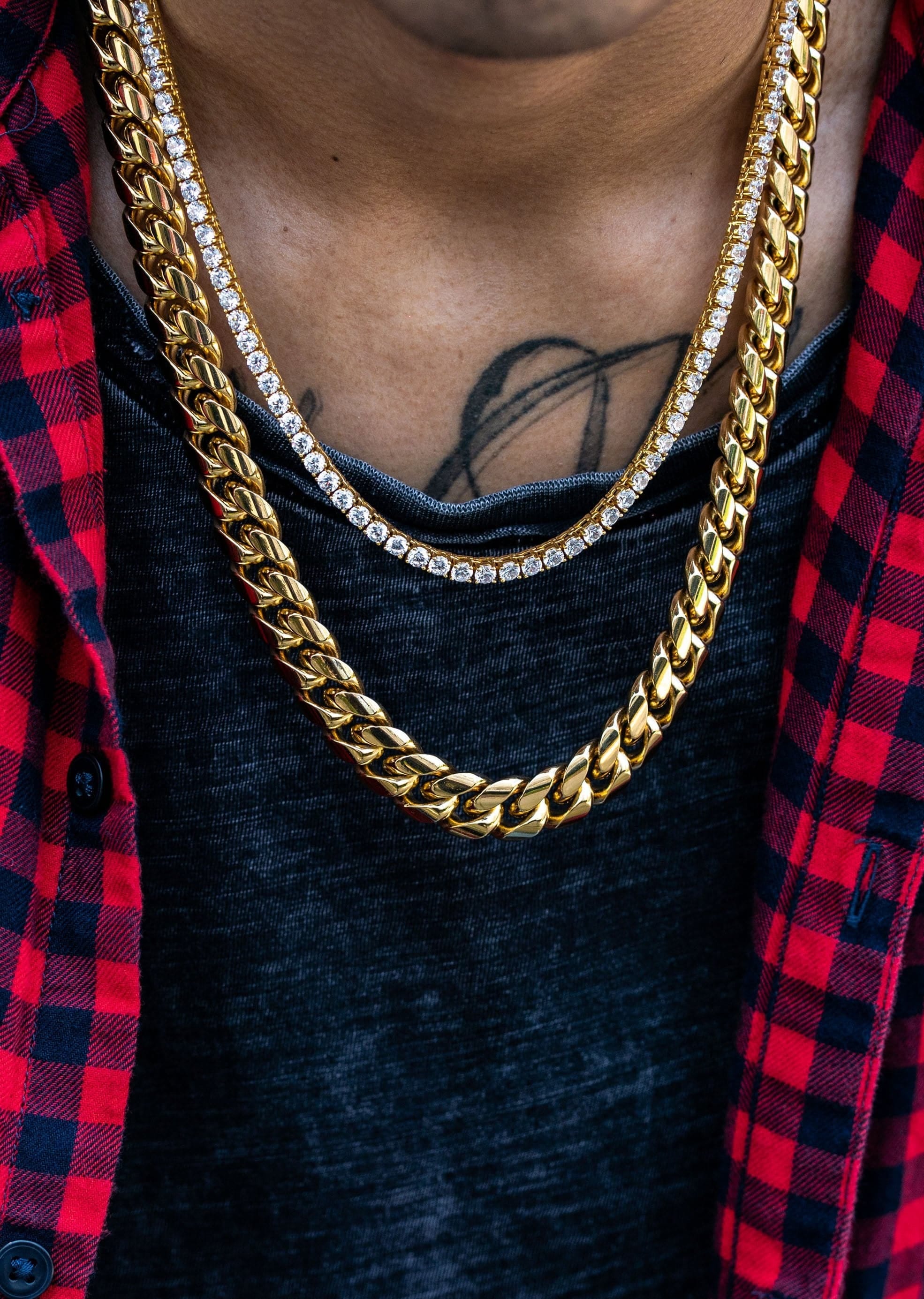 Manufacturer 30 Gold Plated Solid Miami Cuban Link ( 14 mm ) & Tennis Chain