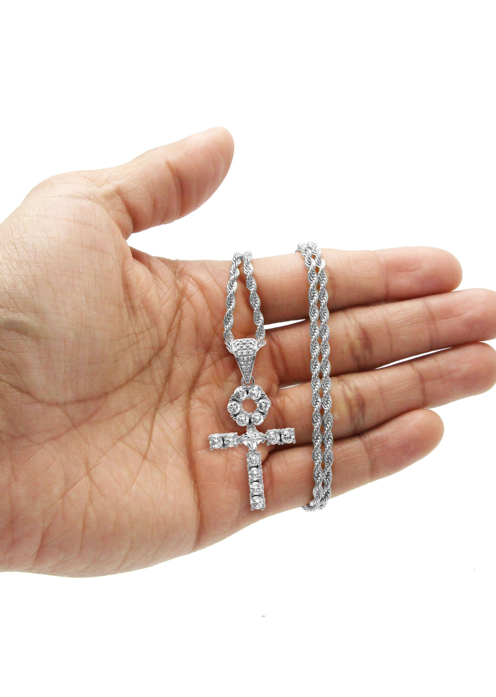 Manufacturer 30 White Gold Plated Rope Chain & Ankh Pendant | Appx. 10 Grams
