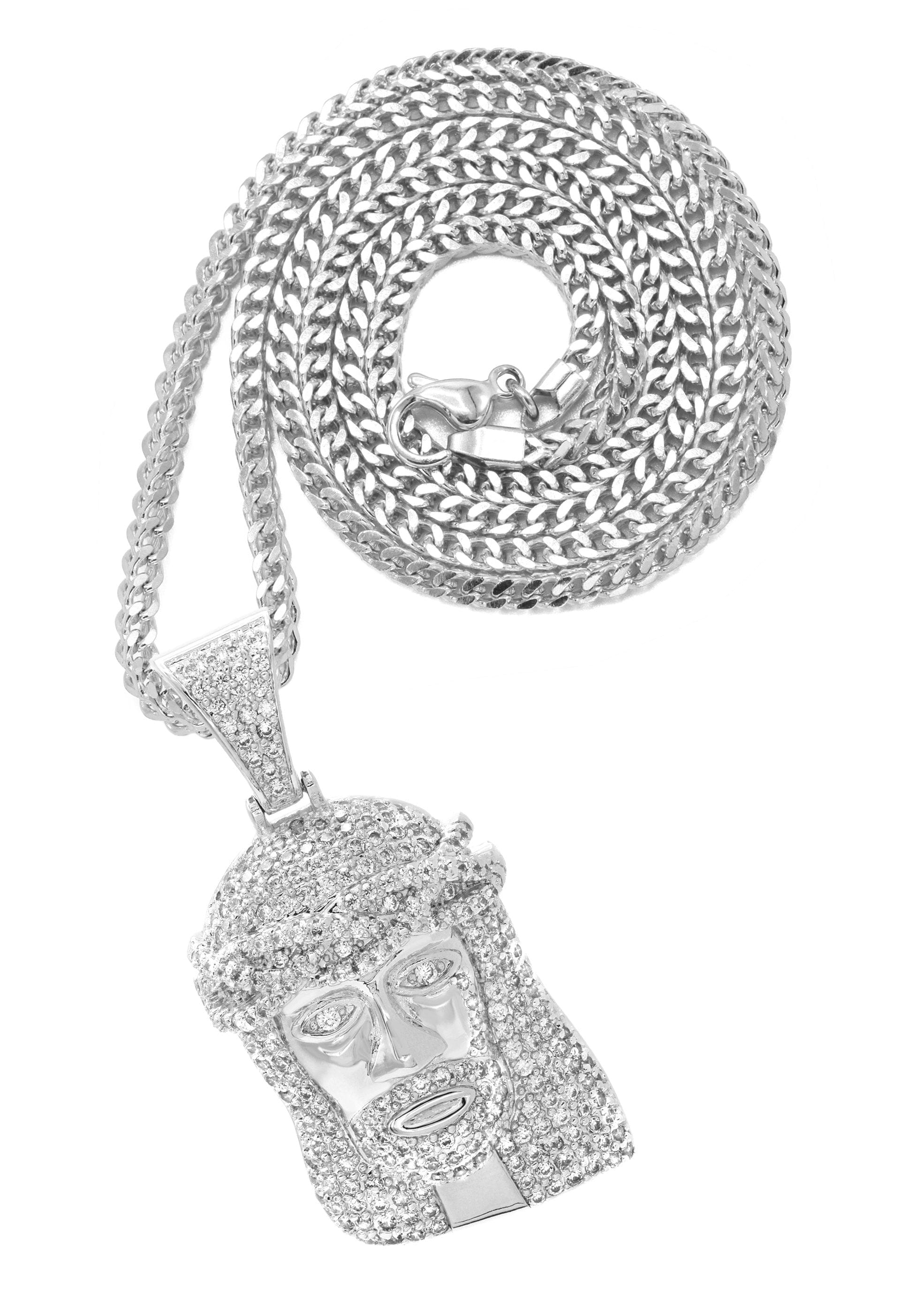 Manufacturer 30 White Gold Plated Franco Link Chain & Jesus Head Pendant | Appx. 14.8 Grams