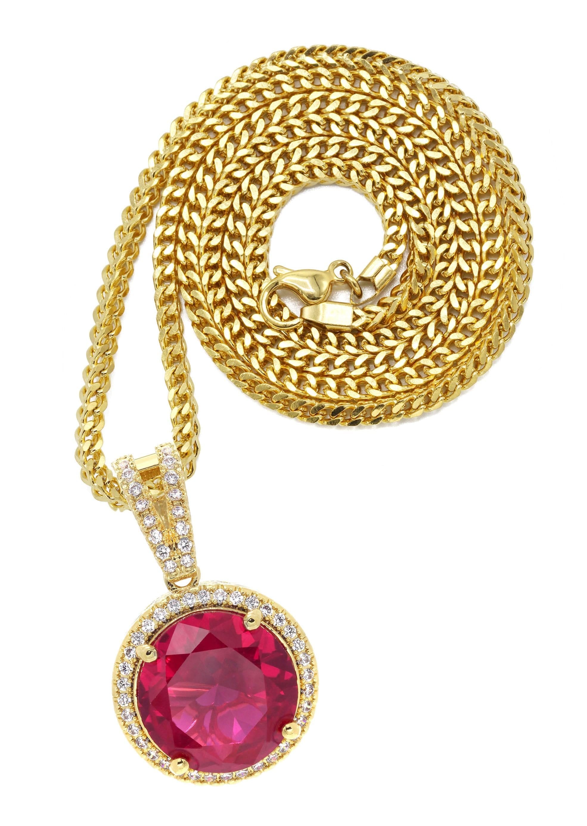 Manufacturer 30 Mens Gold Plated Franco Chain & Ruby Pendant | Appx. 15.4 Grams