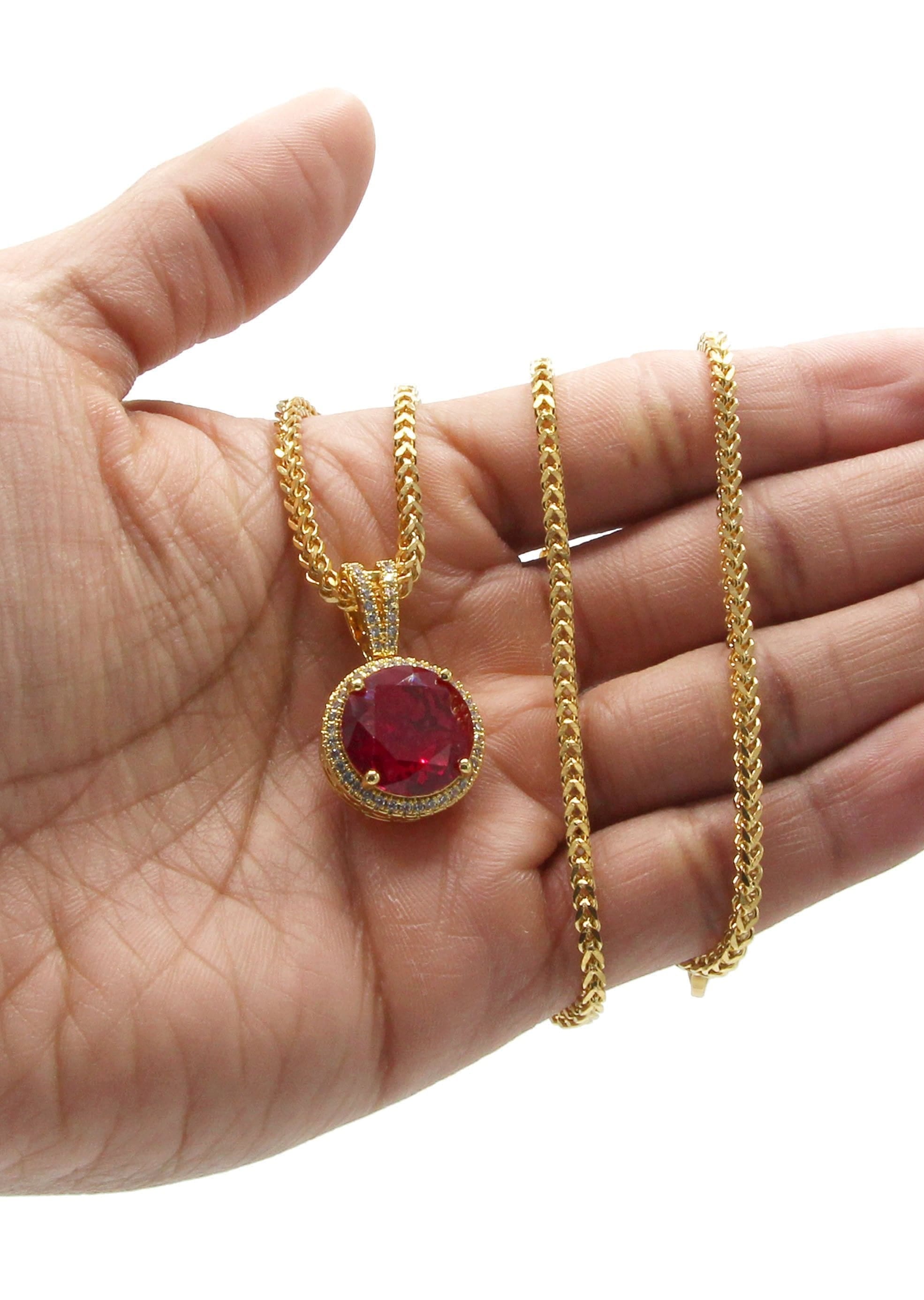 Manufacturer 30 Mens Gold Plated Franco Chain & Ruby Pendant | Appx. 15.4 Grams