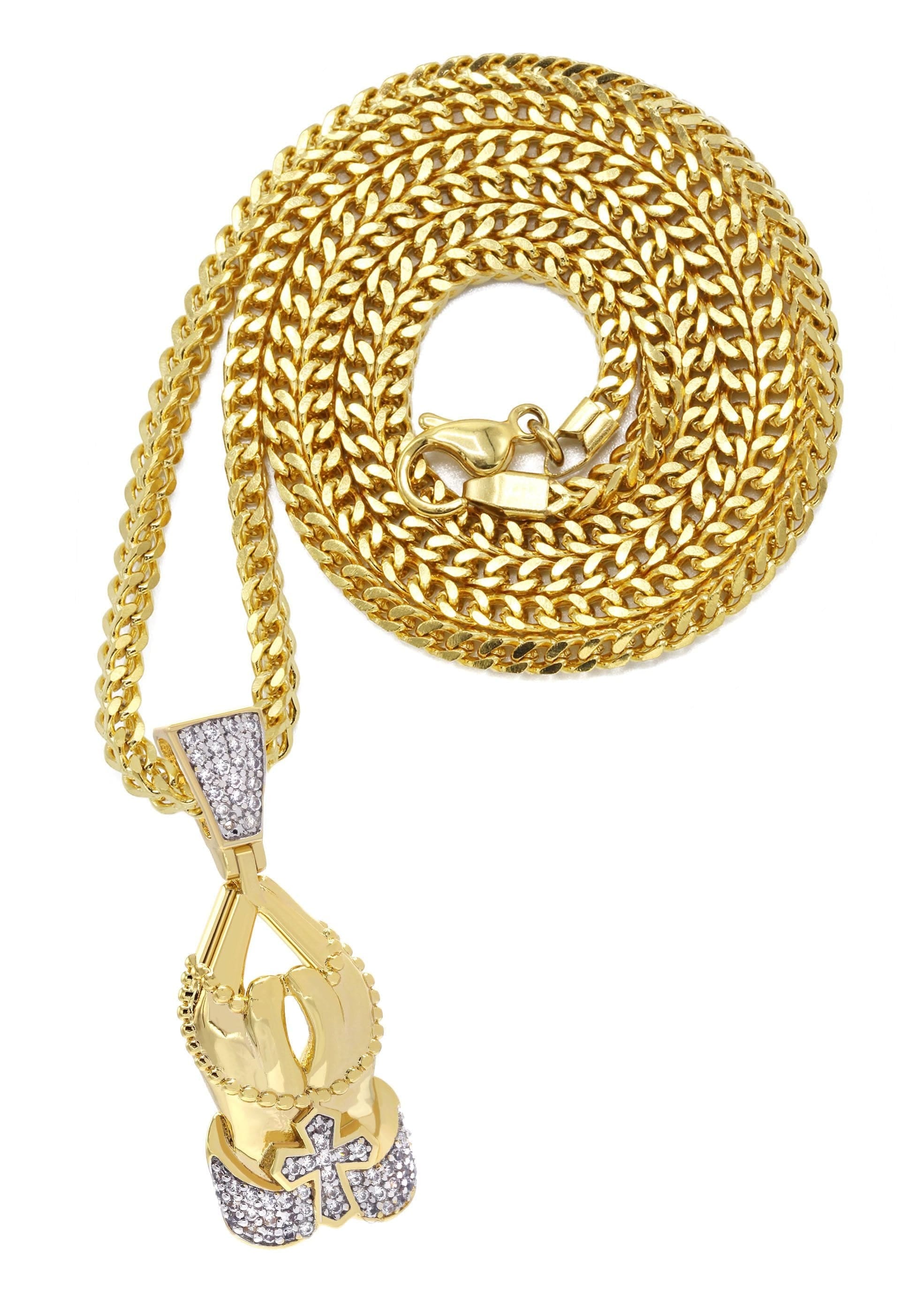 Manufacturer 30 Mens Gold Plated Franco Chain & Praying Hands Pendant | Appx. 12 Grams