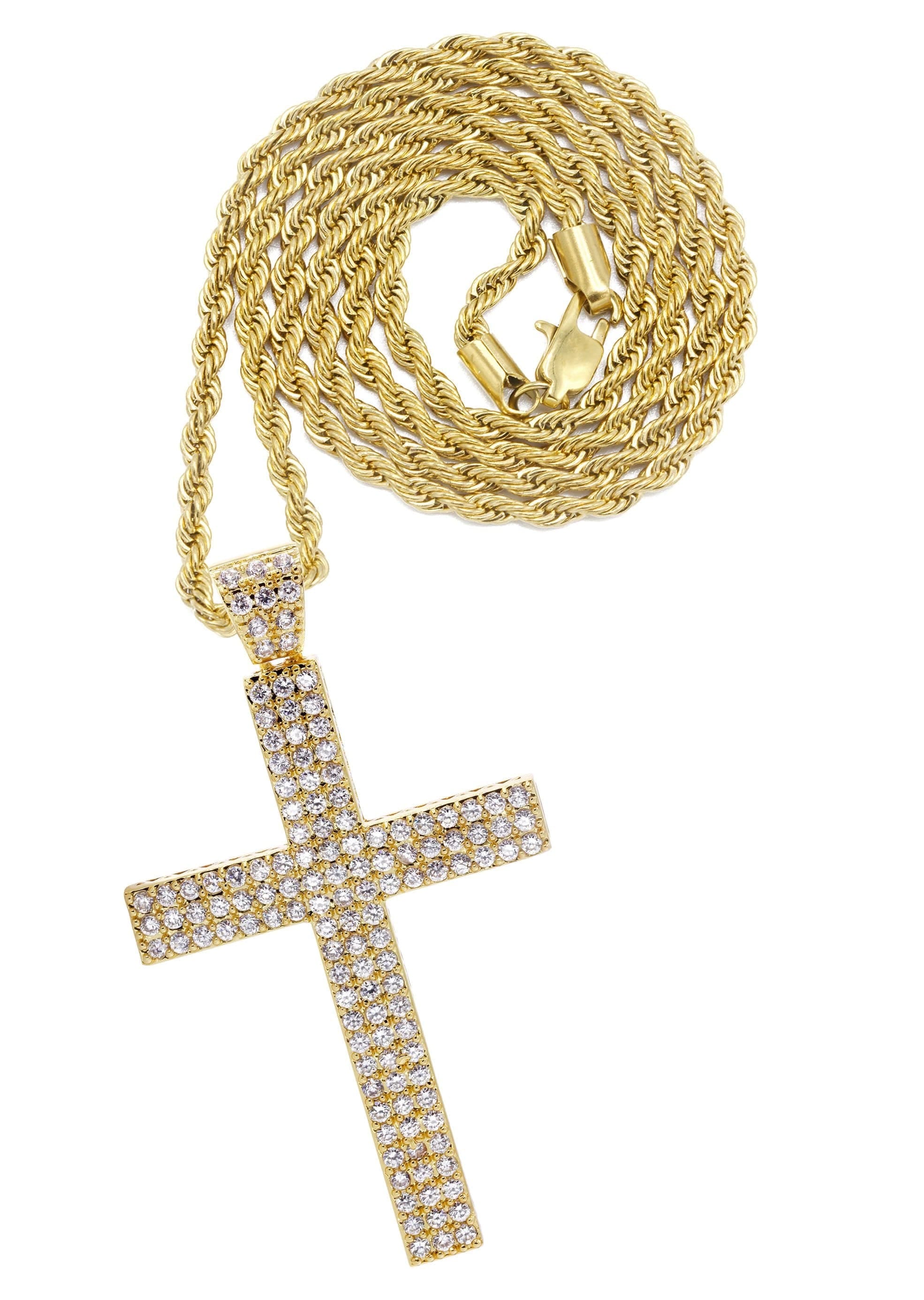 Manufacturer 30 Mens Gold Plated Rope Chain & Cross Pendant | Appx. 19.9 Grams