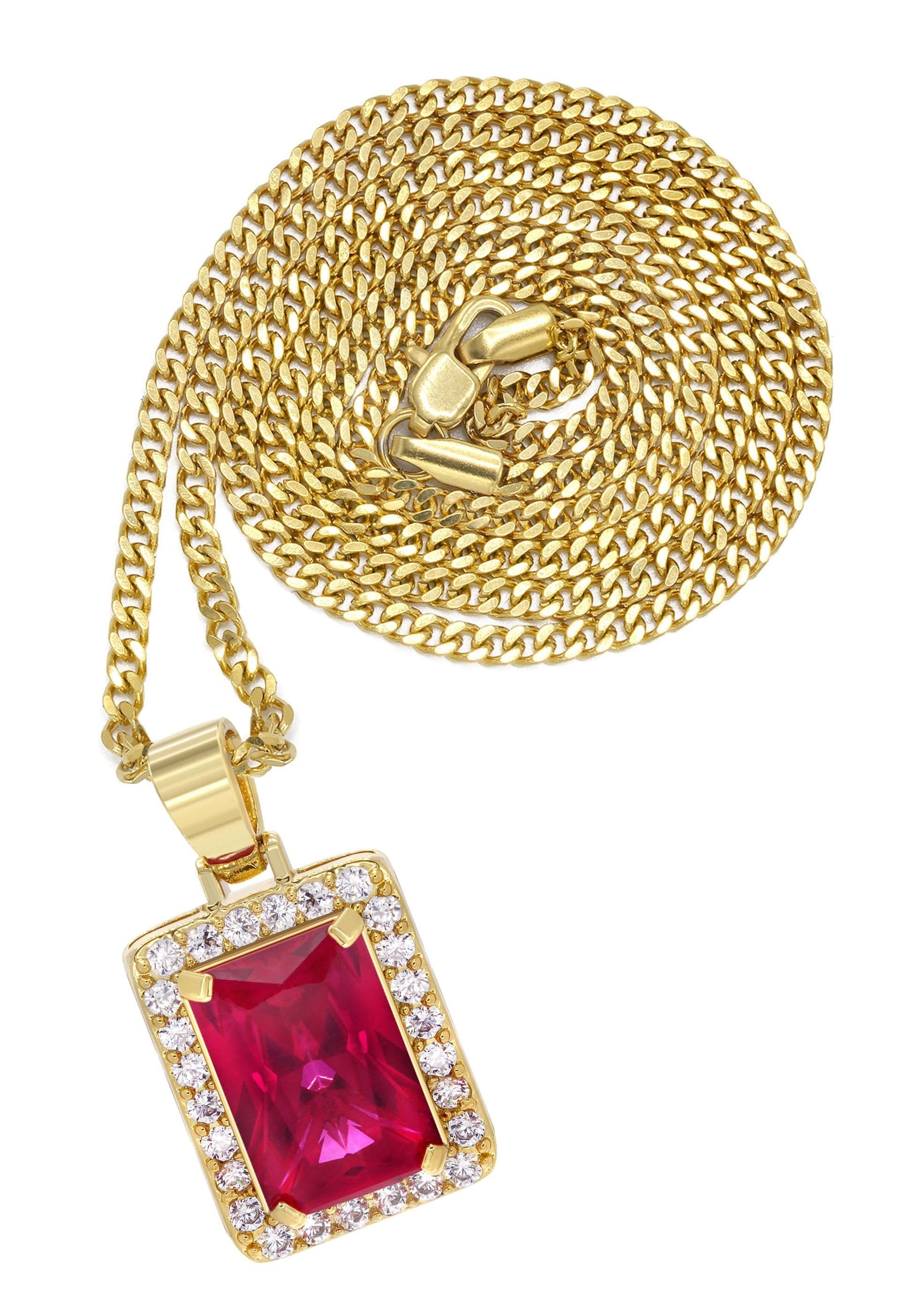 Manufacturer 30 Mens Gold Plated Cuban Link Chain & Ruby Pendant | Appx. 14 Grams