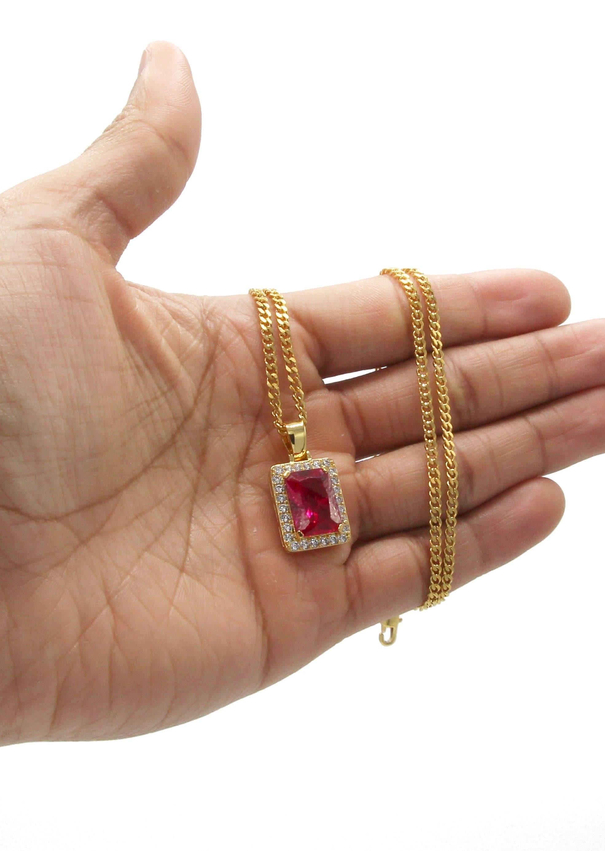 Manufacturer 30 Mens Gold Plated Cuban Link Chain & Ruby Pendant | Appx. 14 Grams